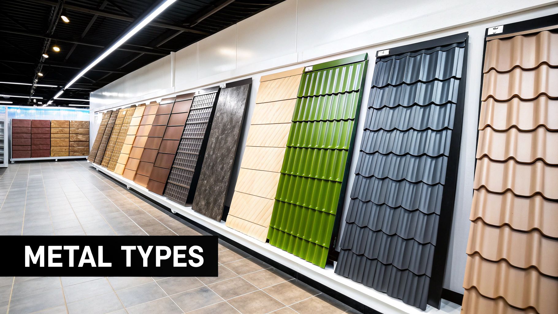 A close-up shot of different metal roofing material samples, showing various colors and textures.