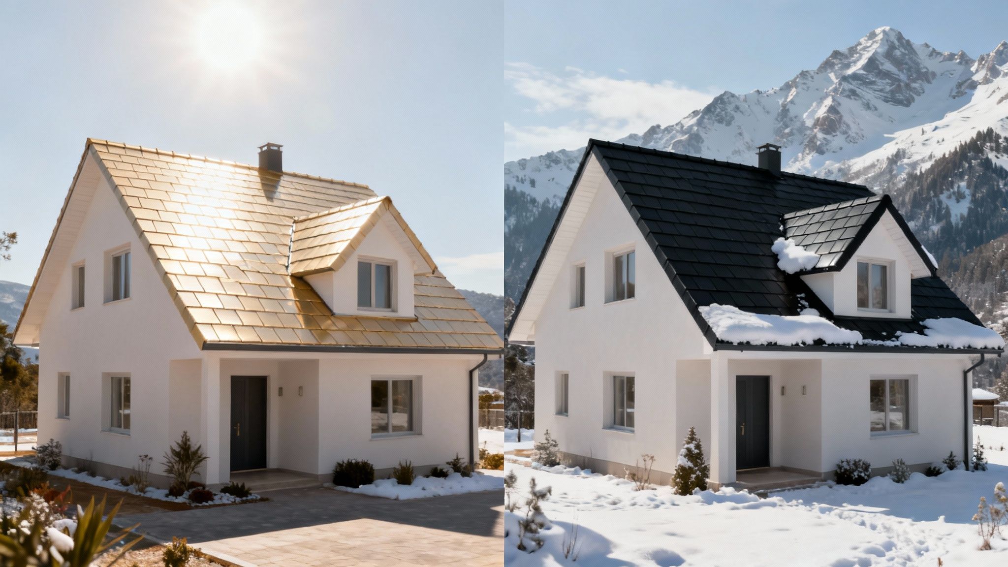 A house in a sunny climate with light-colored roof tiles that reflect the sun's heat.
