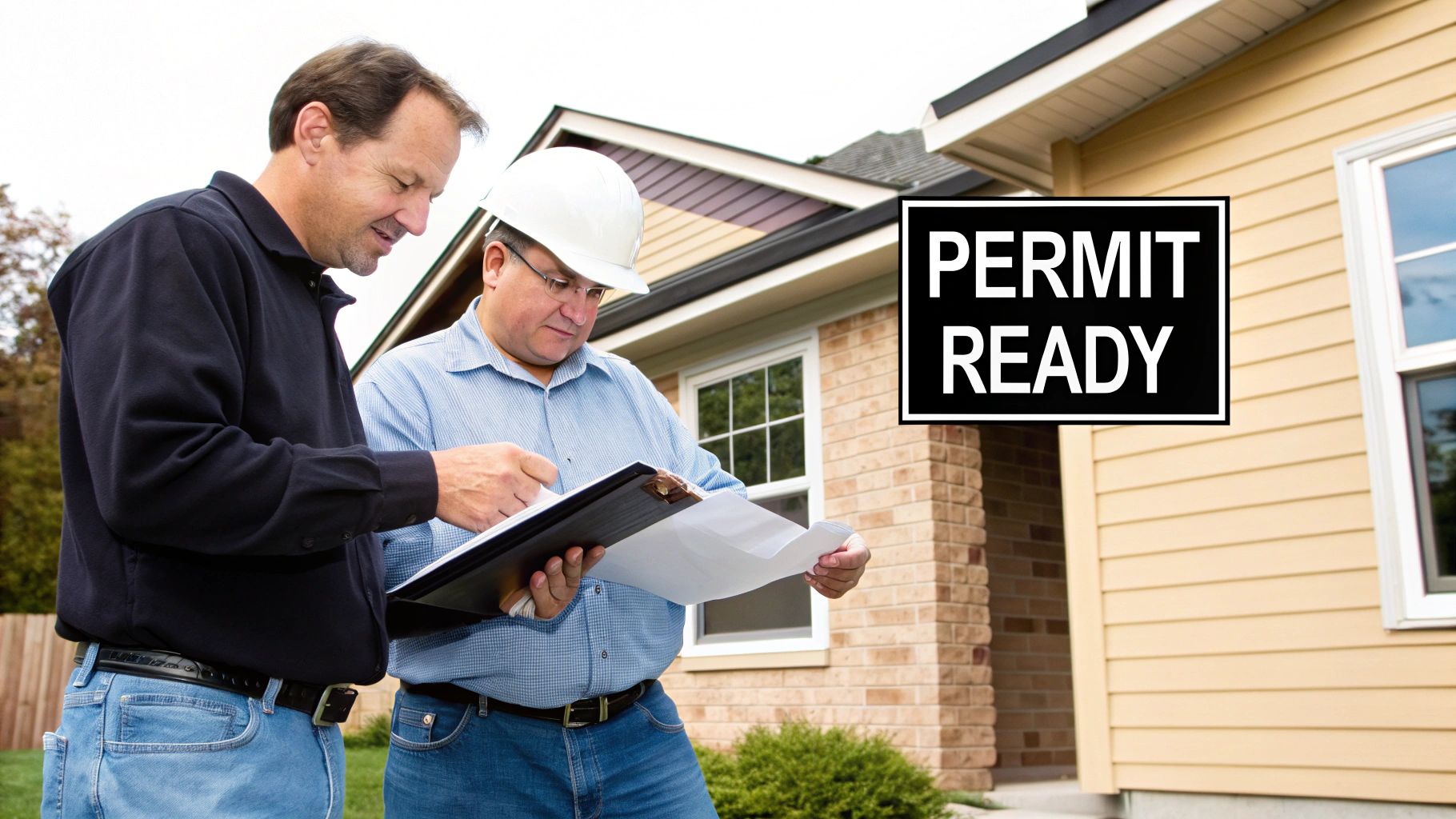Building permit paperwork and a hard hat on architectural blueprints.