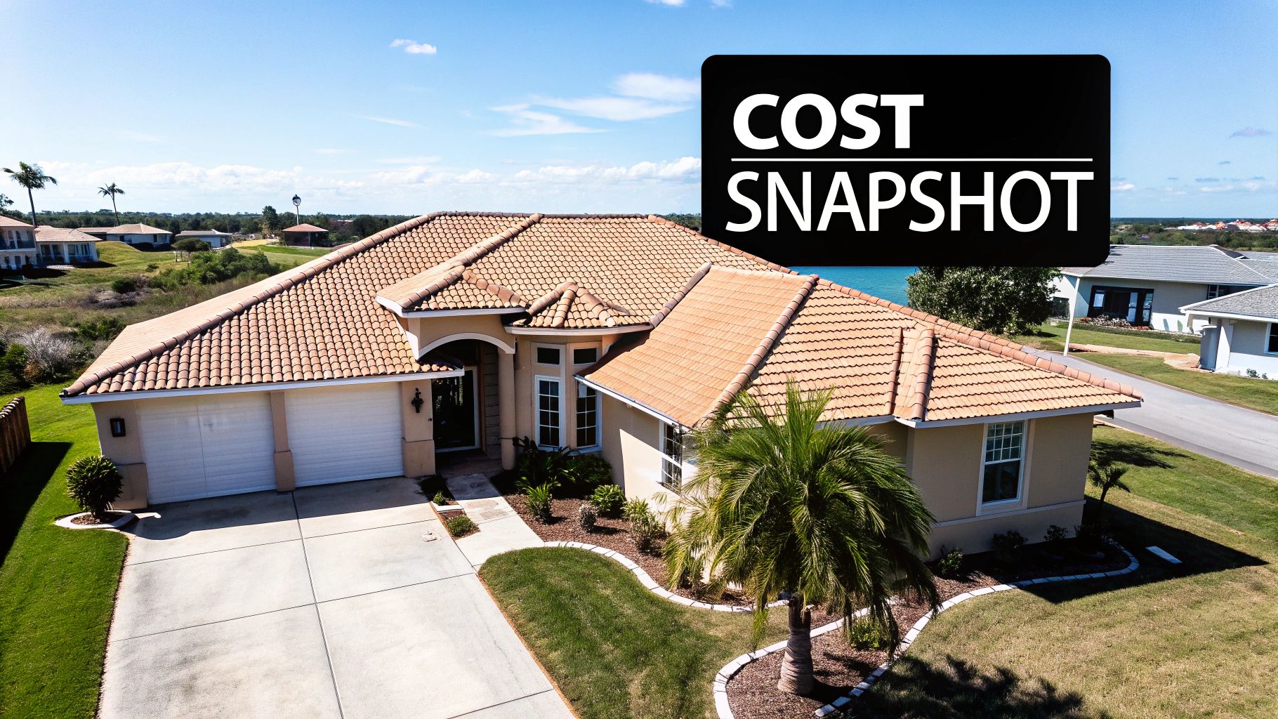 Aerial view of a house with an orange tile roof, green lawn, driveway, and palm trees.