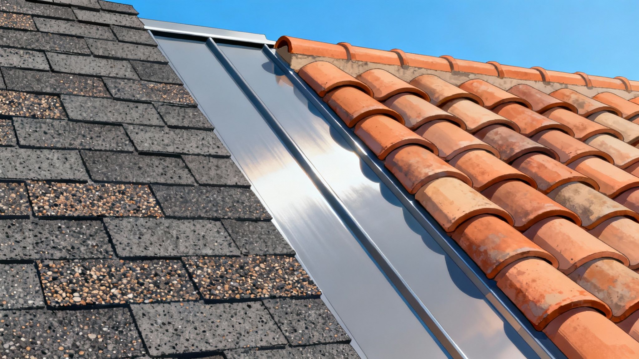Close-up of different roofing material samples, including asphalt, tile, and metal.