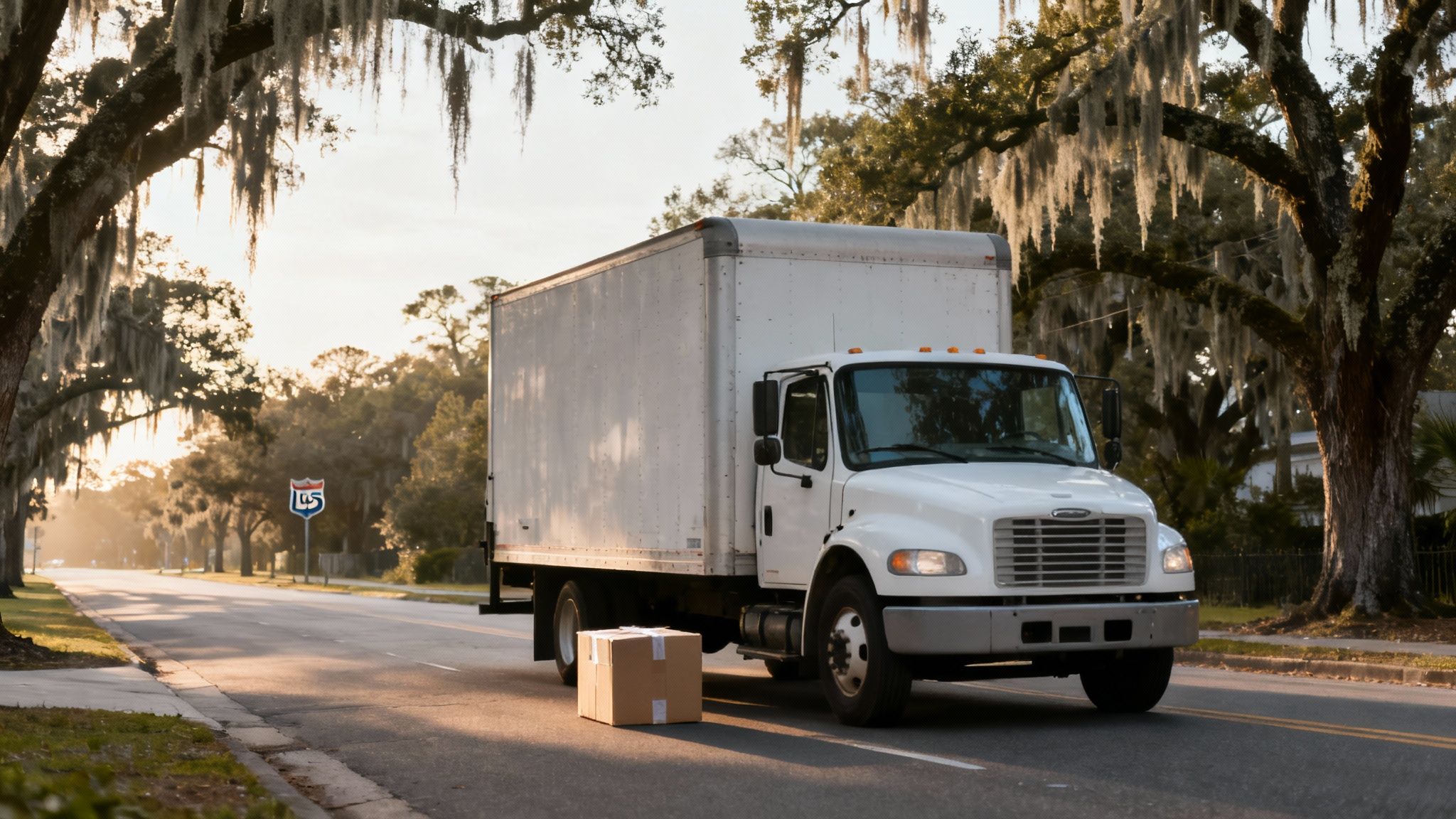 A scenic view of a bridge in Savannah, Georgia, with lush trees lining the waterway.