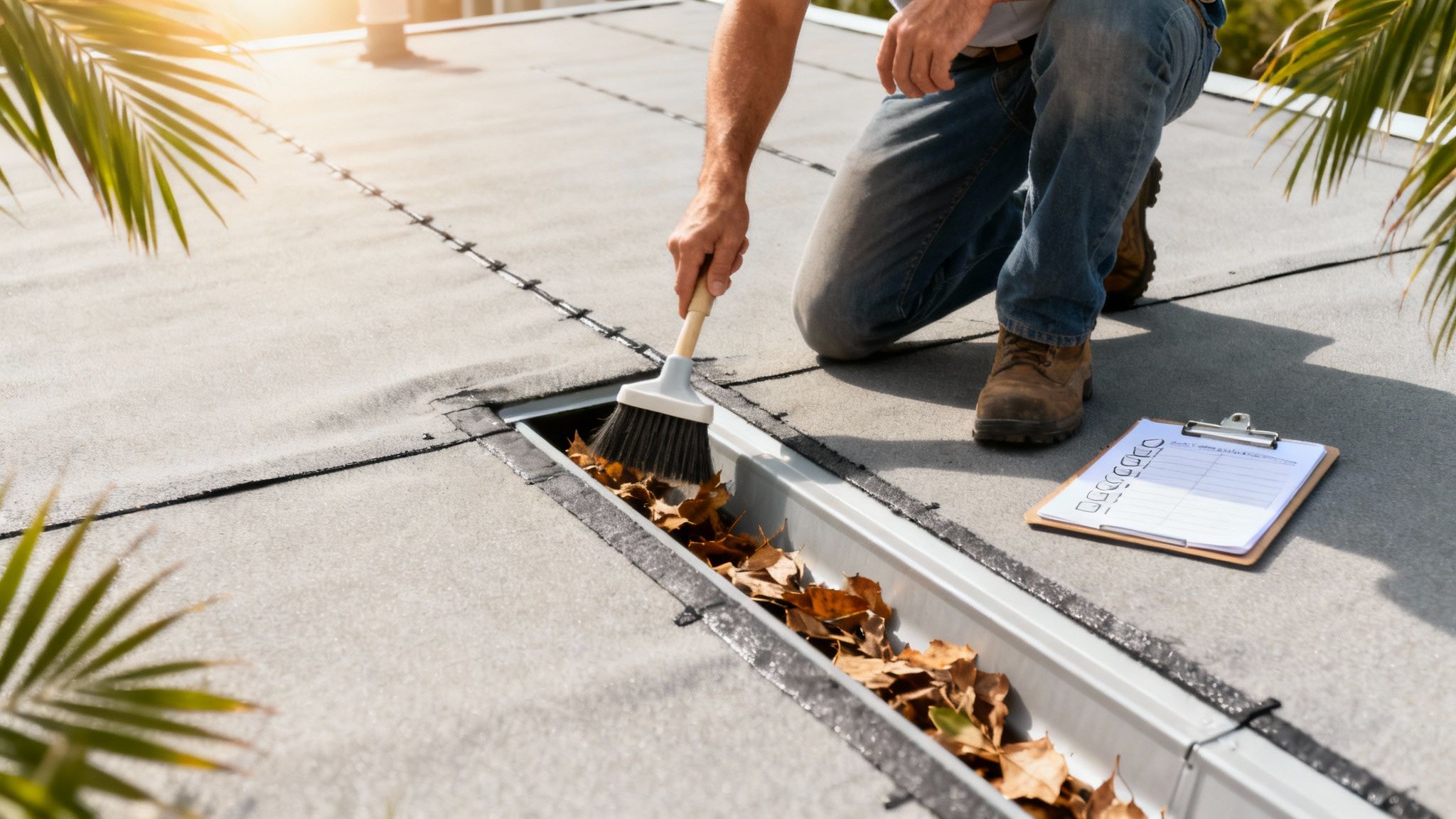 A well-maintained flat roof with clear drains and scuppers