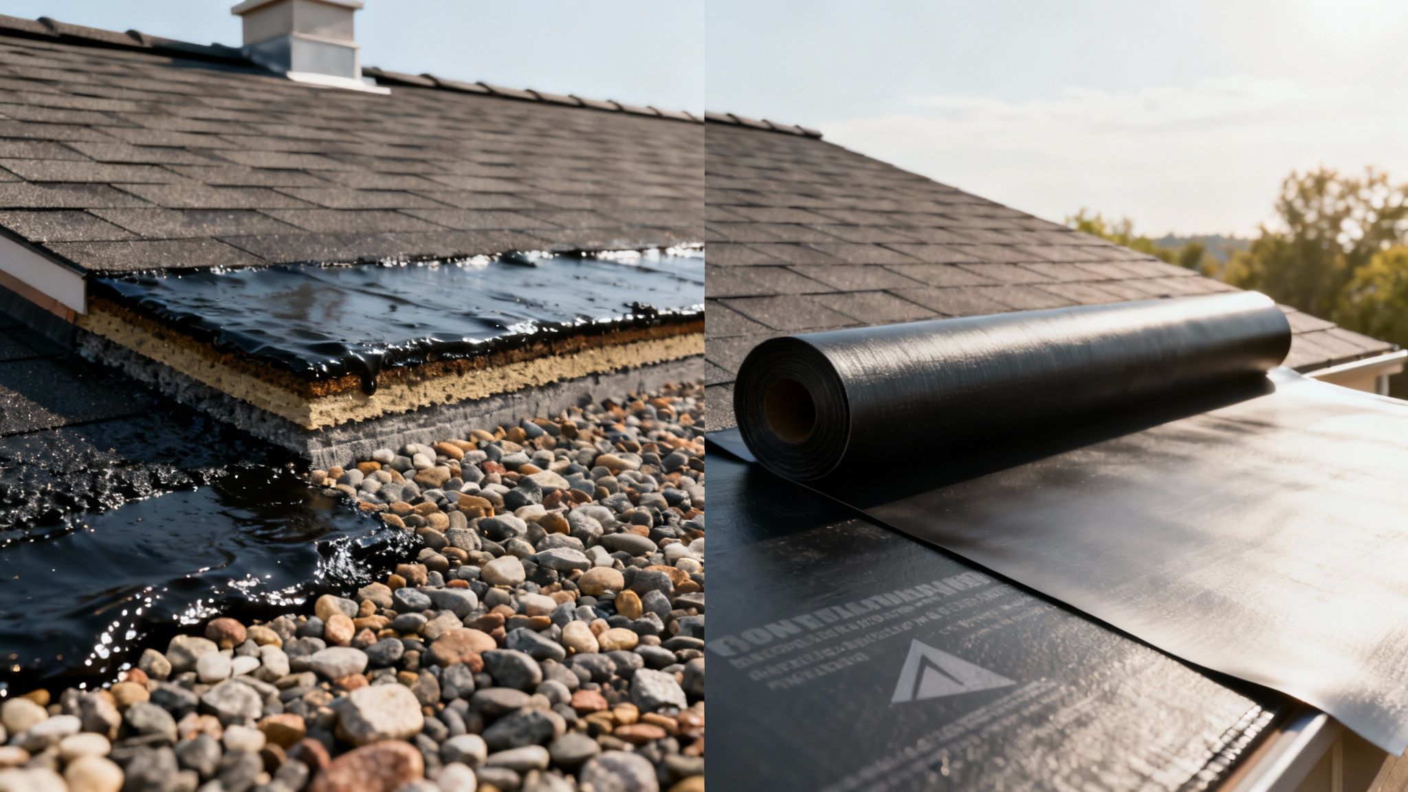 Layers of built-up roofing being installed on a large commercial building