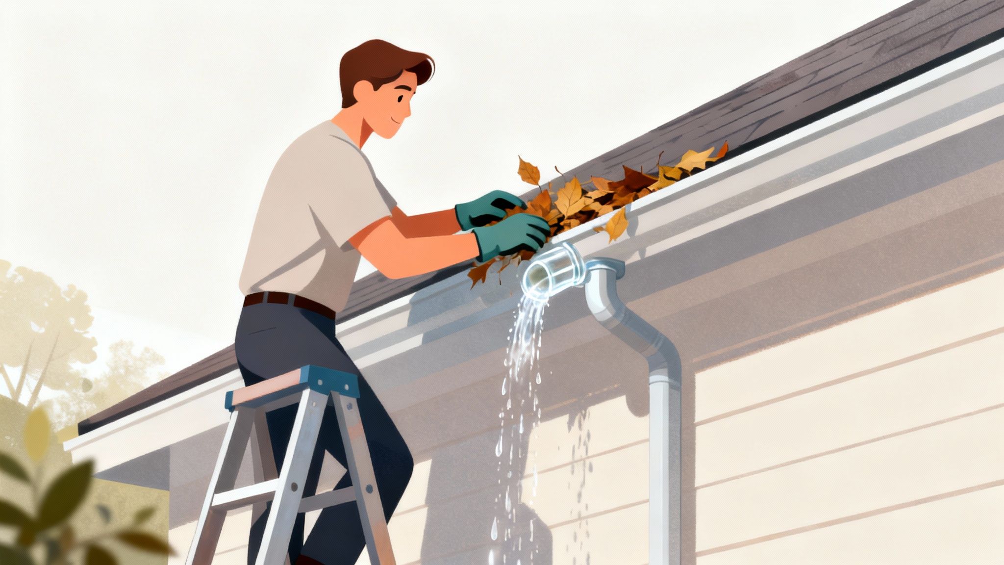 A person in a flannel shirt cleaning leaves out of a home's gutter system.