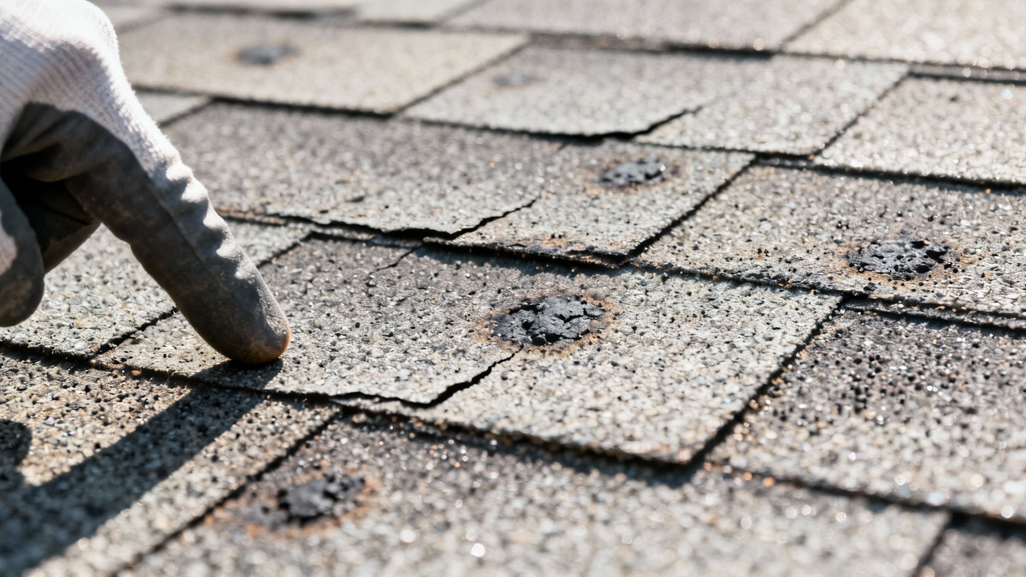A close-up view of subtle hail damage on asphalt shingles