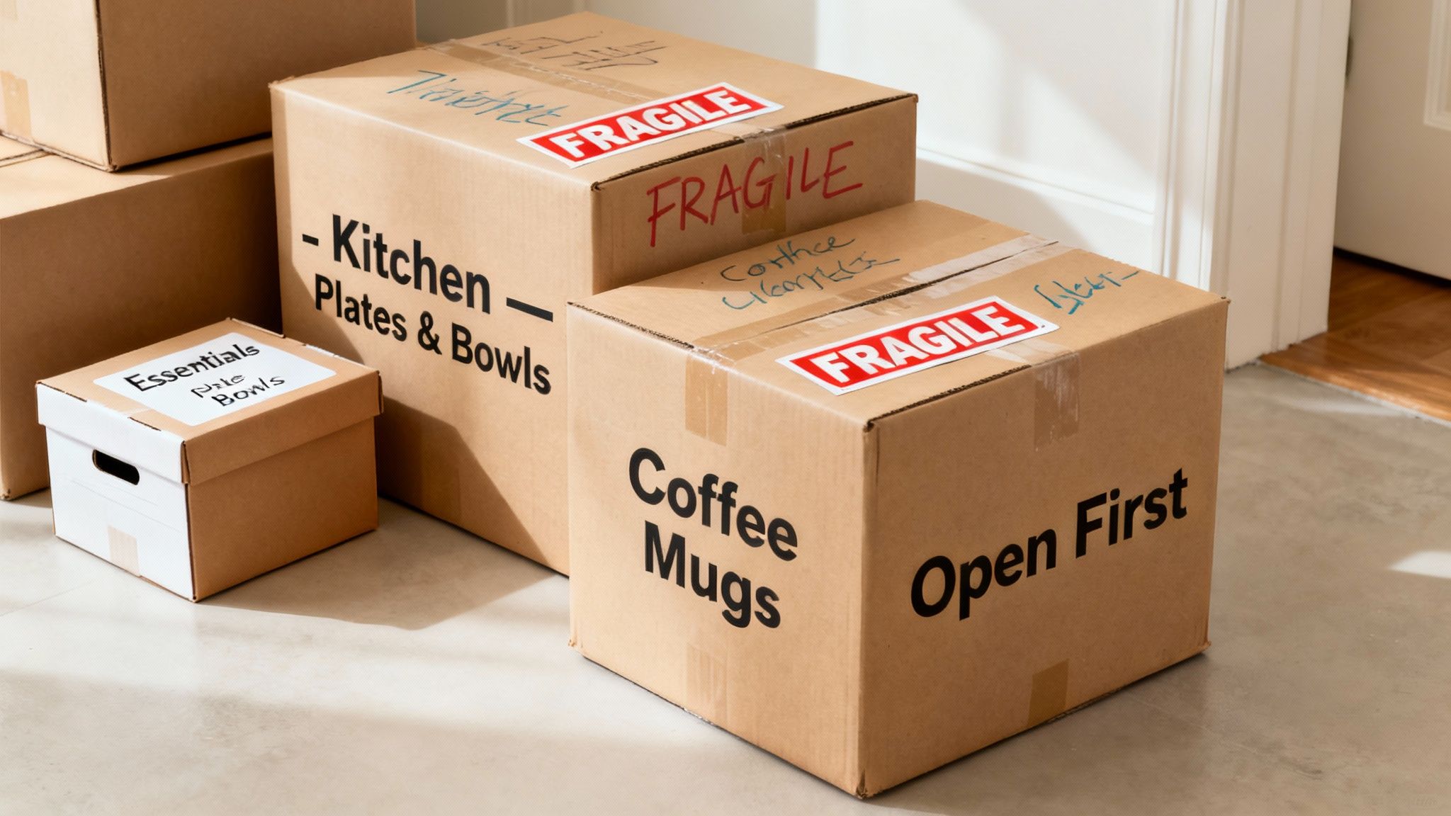 Boxes labeled 'FRAGILE' stacked and ready for a move.