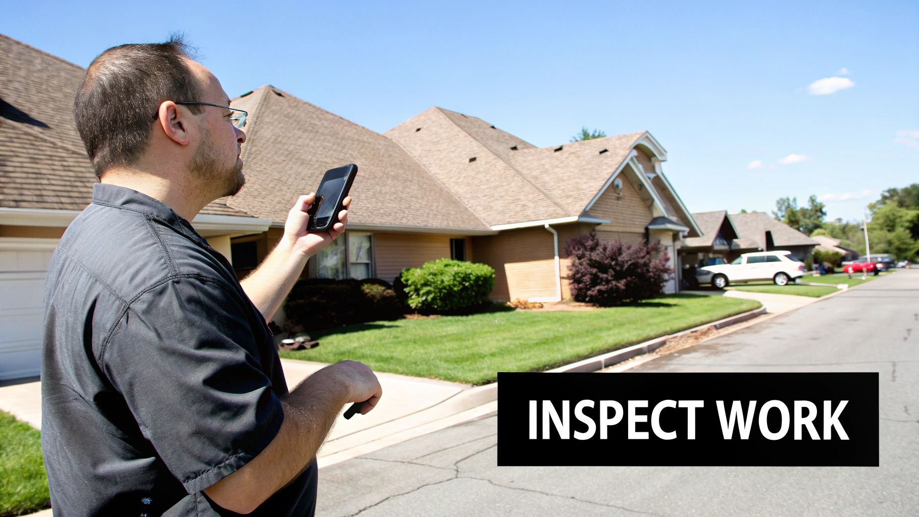 A roofer carefully measuring and cutting shingles on a residential roof.