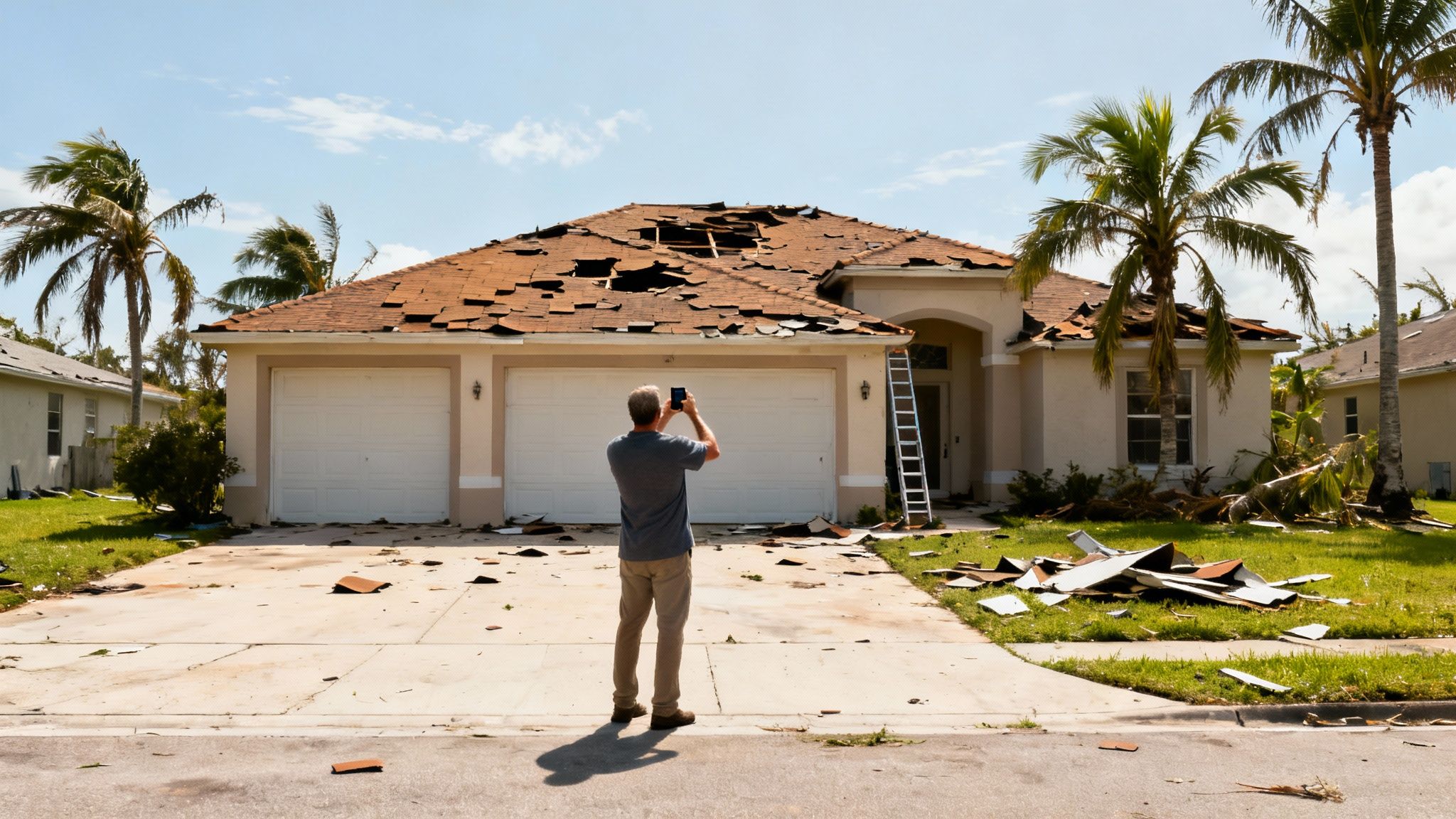 A roof with visible shingle damage after a storm