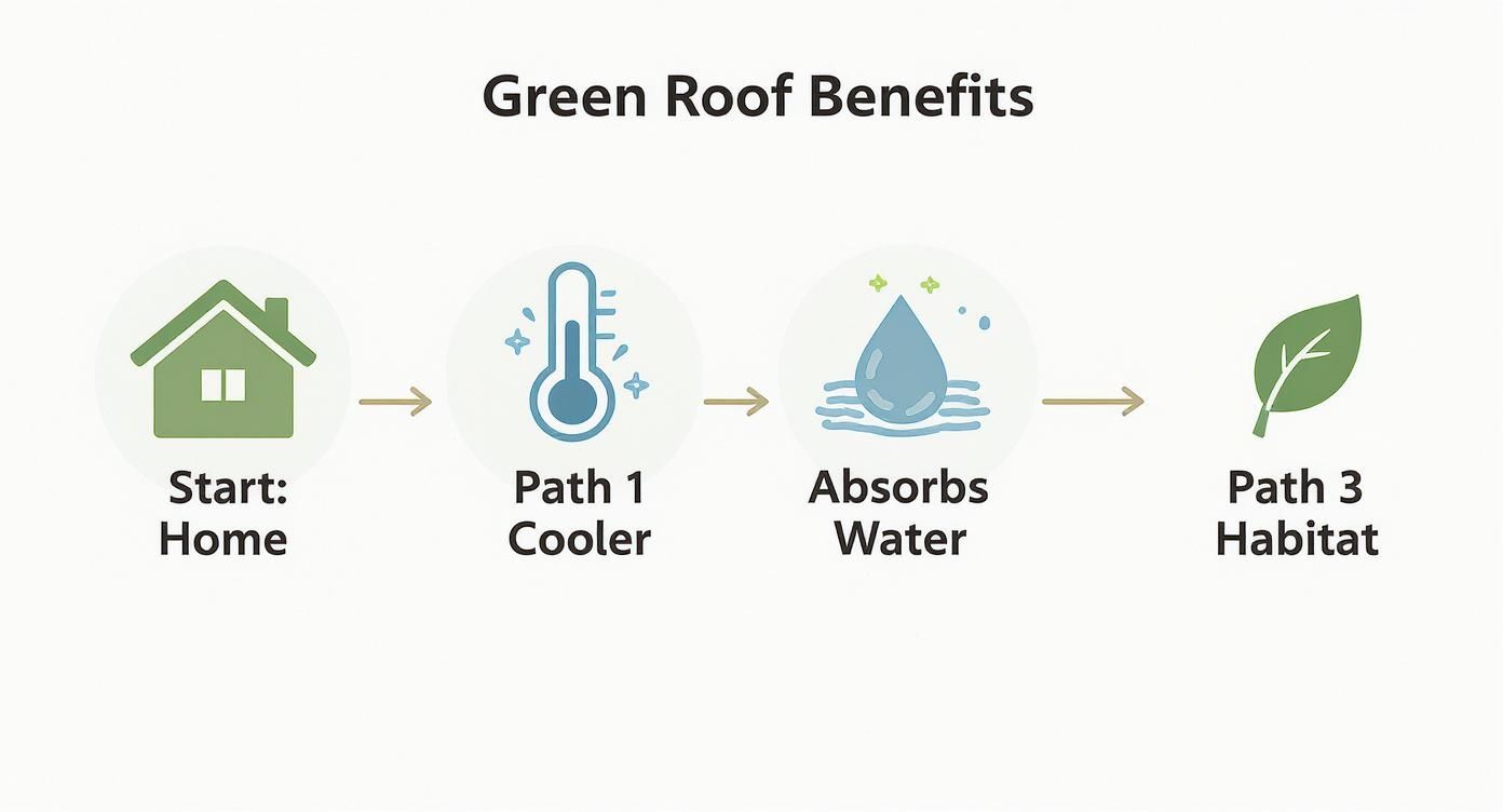 Diagram illustrating the benefits of green roofs: home leads to cooler temperatures, water absorption, and new habitats.