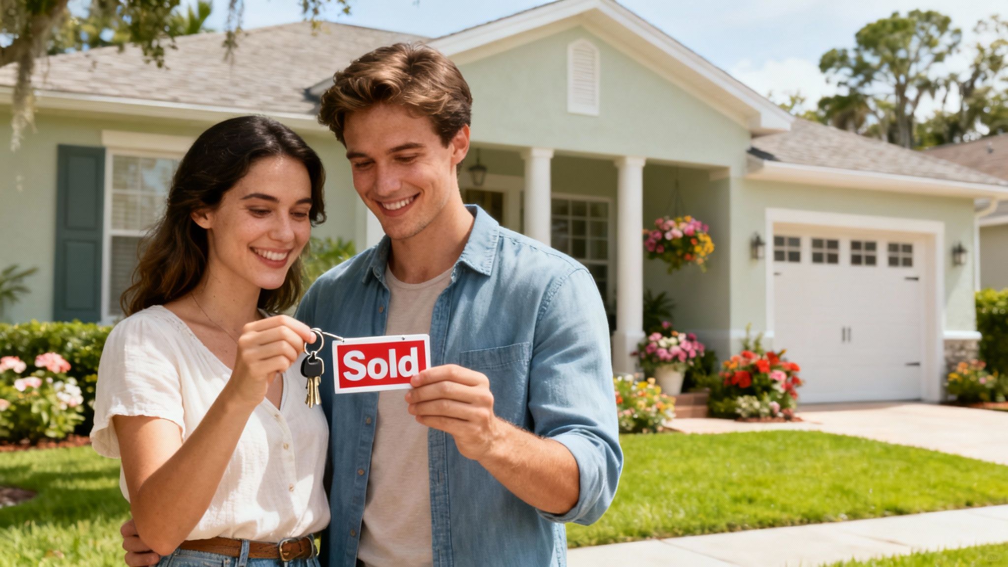 A smiling couple holding keys in front of their new suburban home in Tampa.