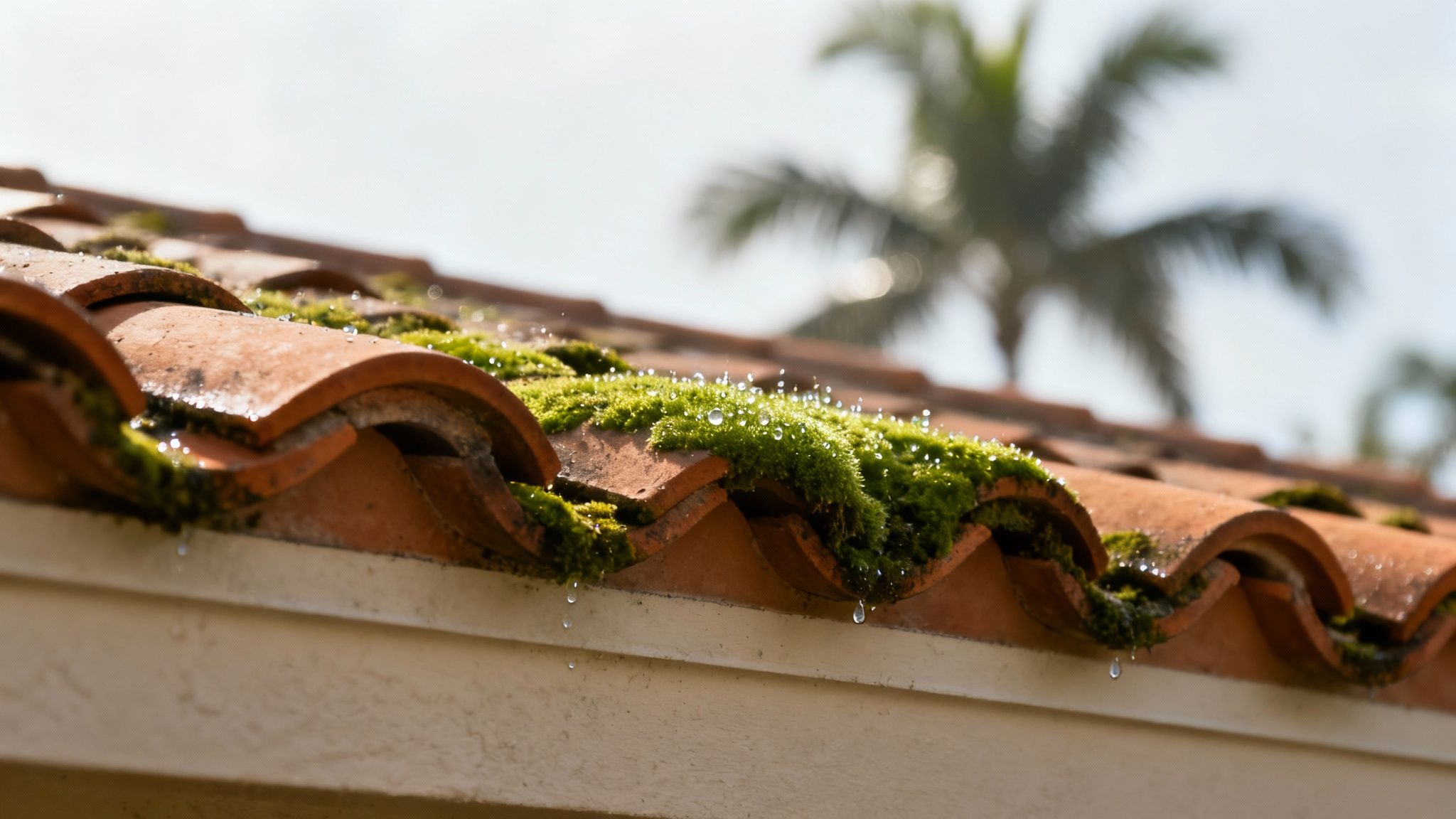 A beautiful Boca Raton home's roof with some green moss growth under shady trees.