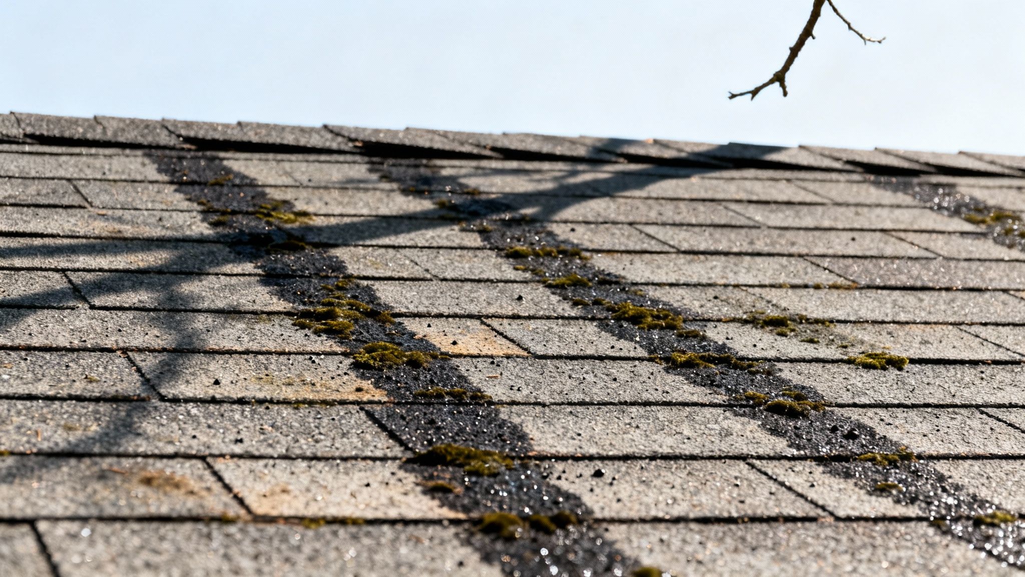 Dark streaks of mold and algae on asphalt roof shingles.