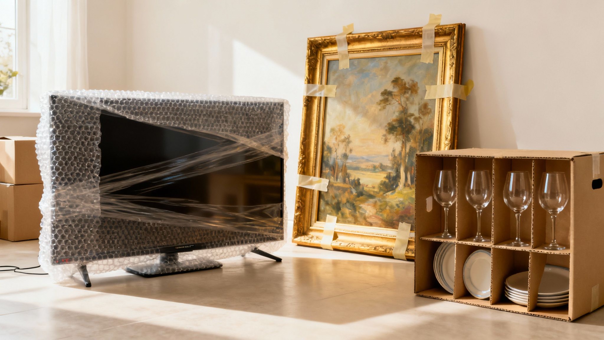 A person carefully wrapping a framed piece of artwork in bubble wrap.