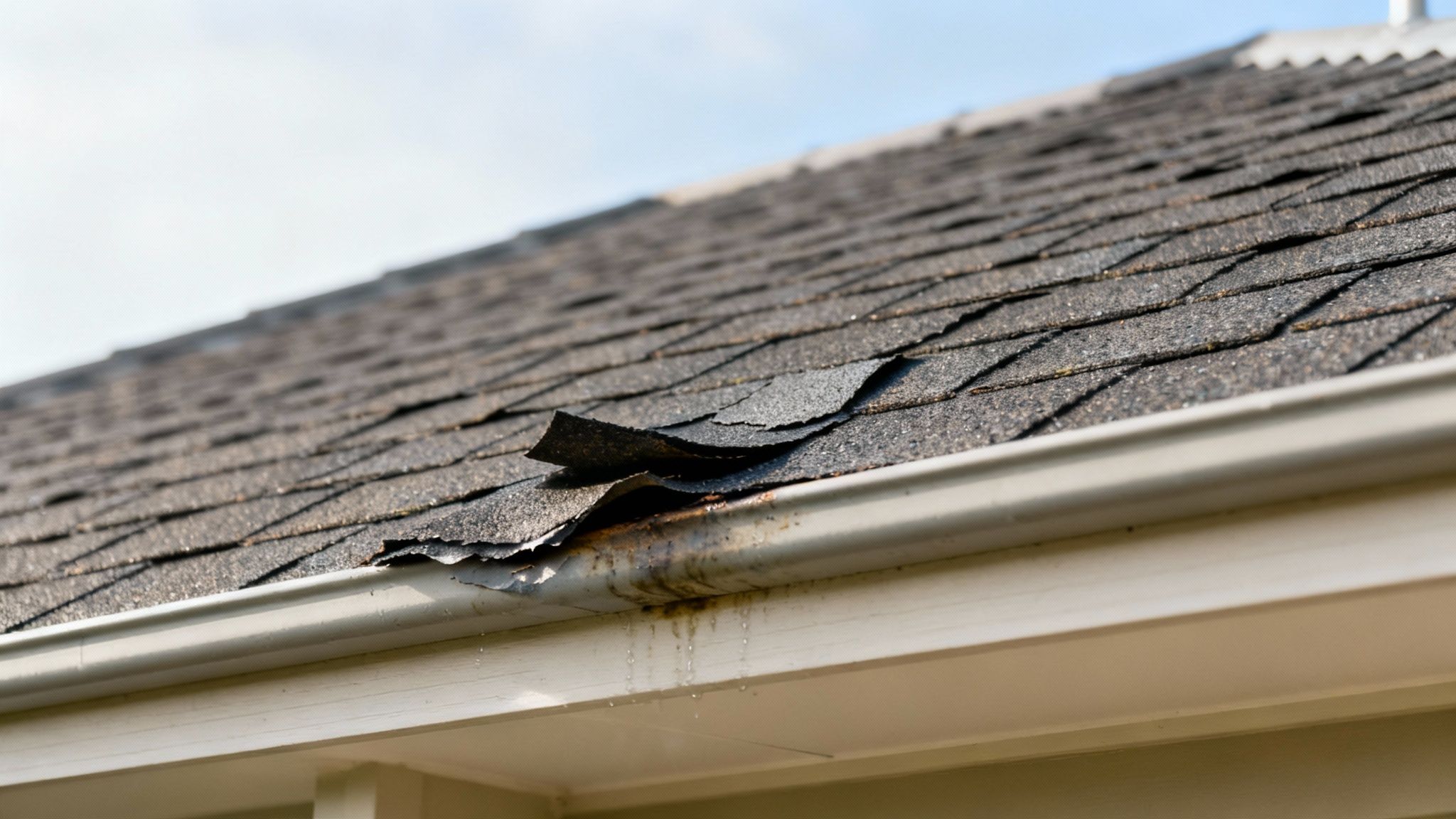A close-up view of buckled asphalt shingles on a residential roof, showing the wavy and lifted texture that indicates a problem.