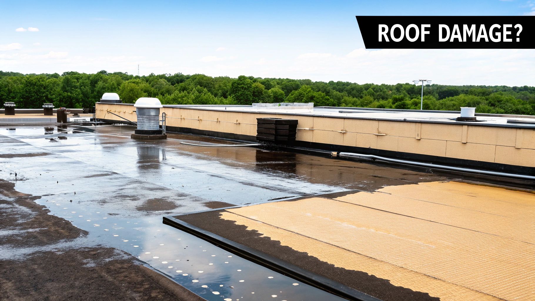 A flat roof with visible signs of wear and tear, including cracks and pooling water.