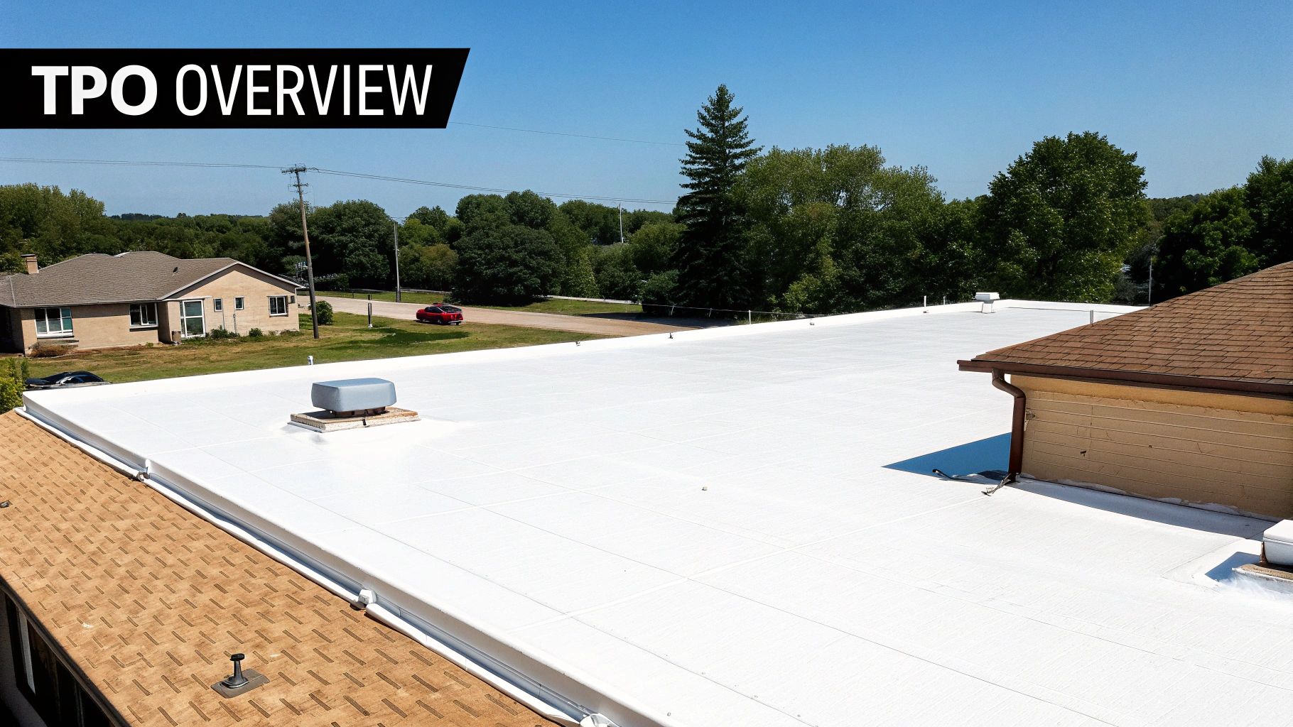 A modern Florida home with a bright white residential TPO roof under a clear blue sky.