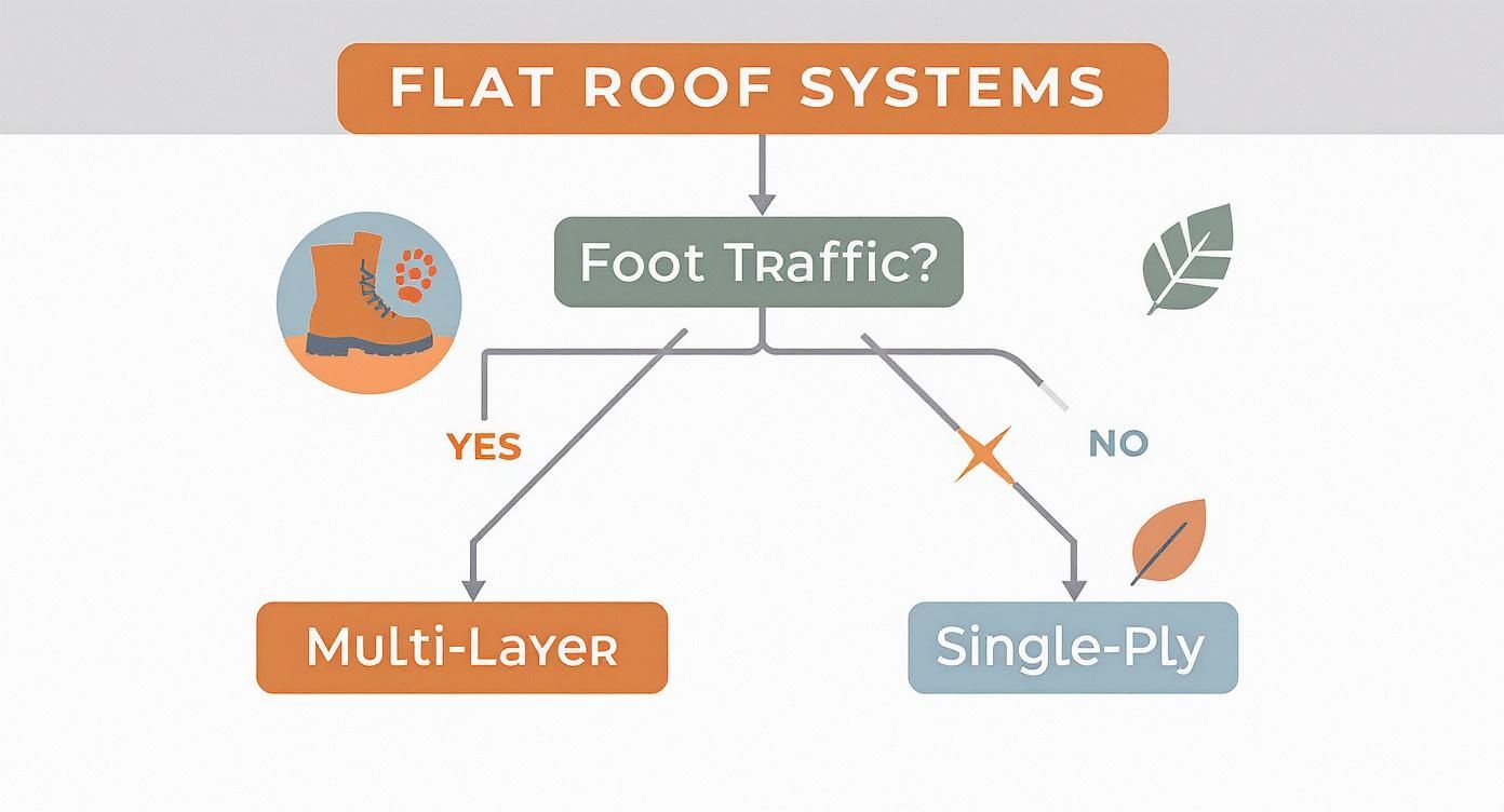 Infographic decision tree for flat roof systems, showing a choice between multi-layer for foot traffic and single-ply for no foot traffic.