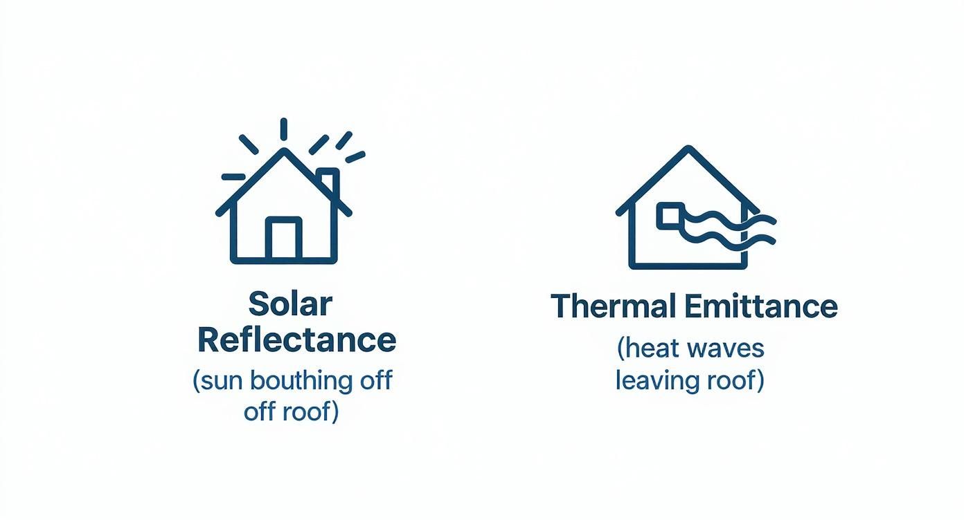 Solar reflectance and thermal emittance diagrams showing how cool roofs work to reduce heat