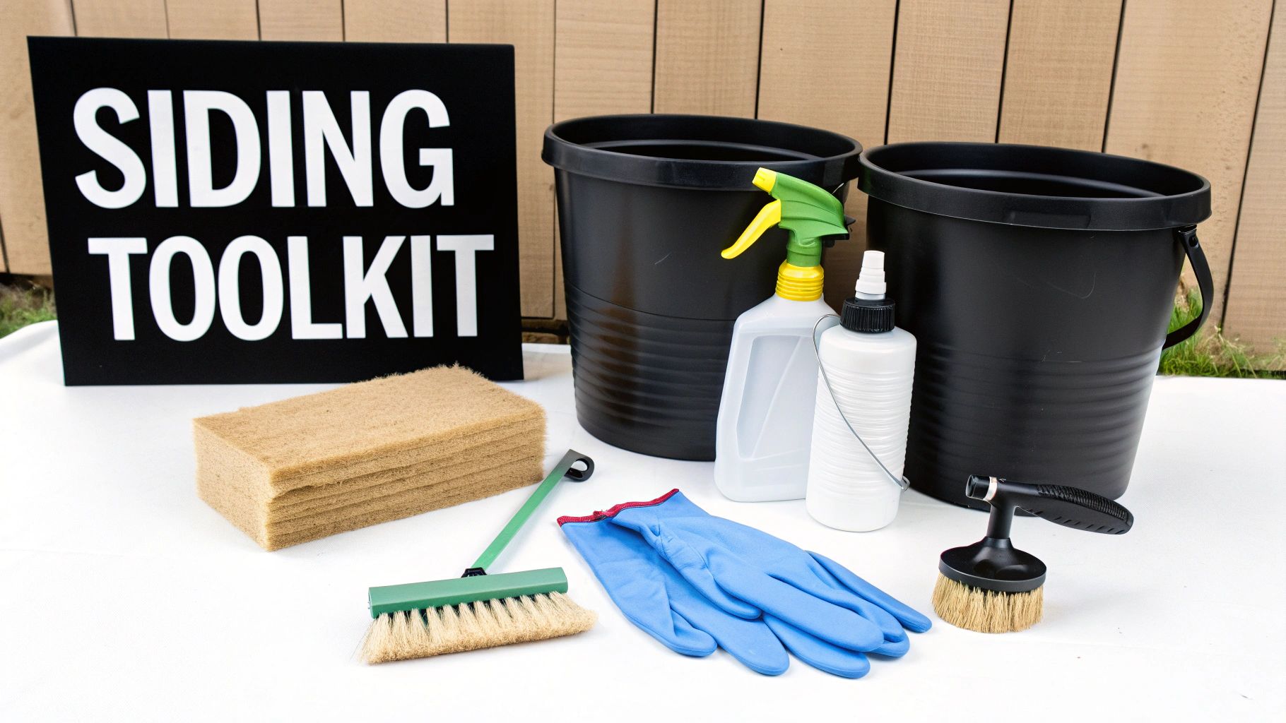 A collection of cleaning tools including buckets, brushes, and a hose, arranged neatly for cleaning vinyl siding.