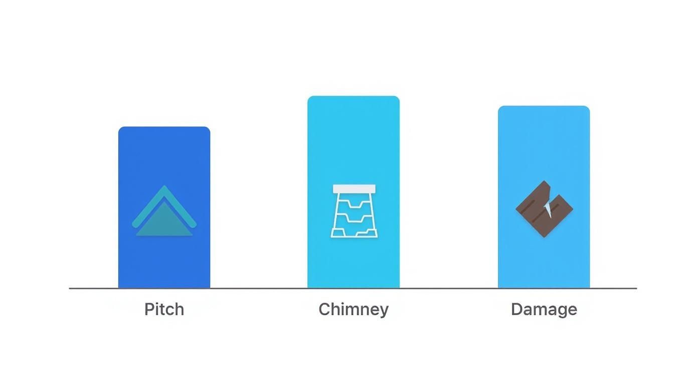 Three roof inspection categories showing pitch angle, chimney structure, and damaged shingles icons