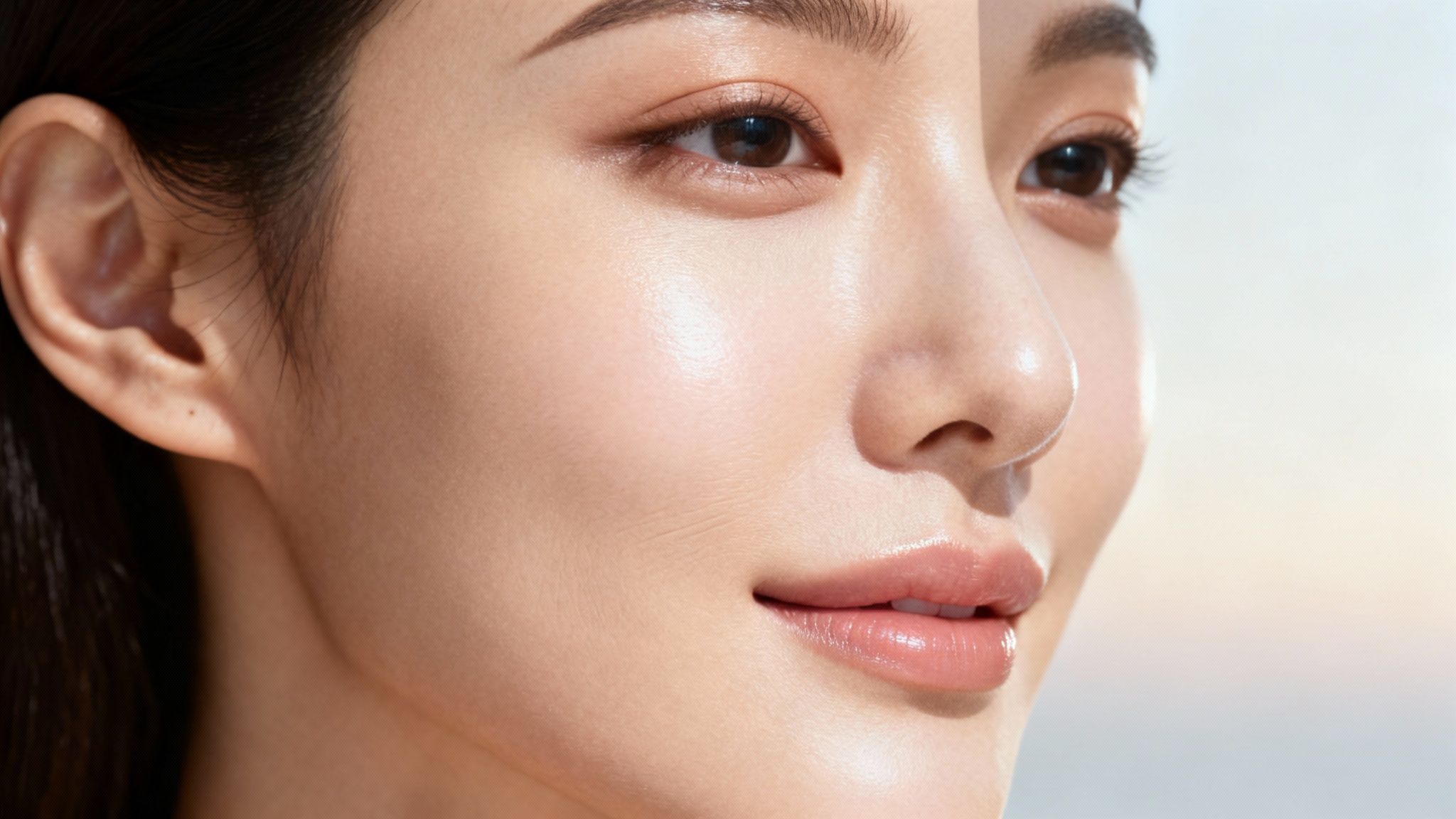 A woman with radiant, clear skin smiling gently