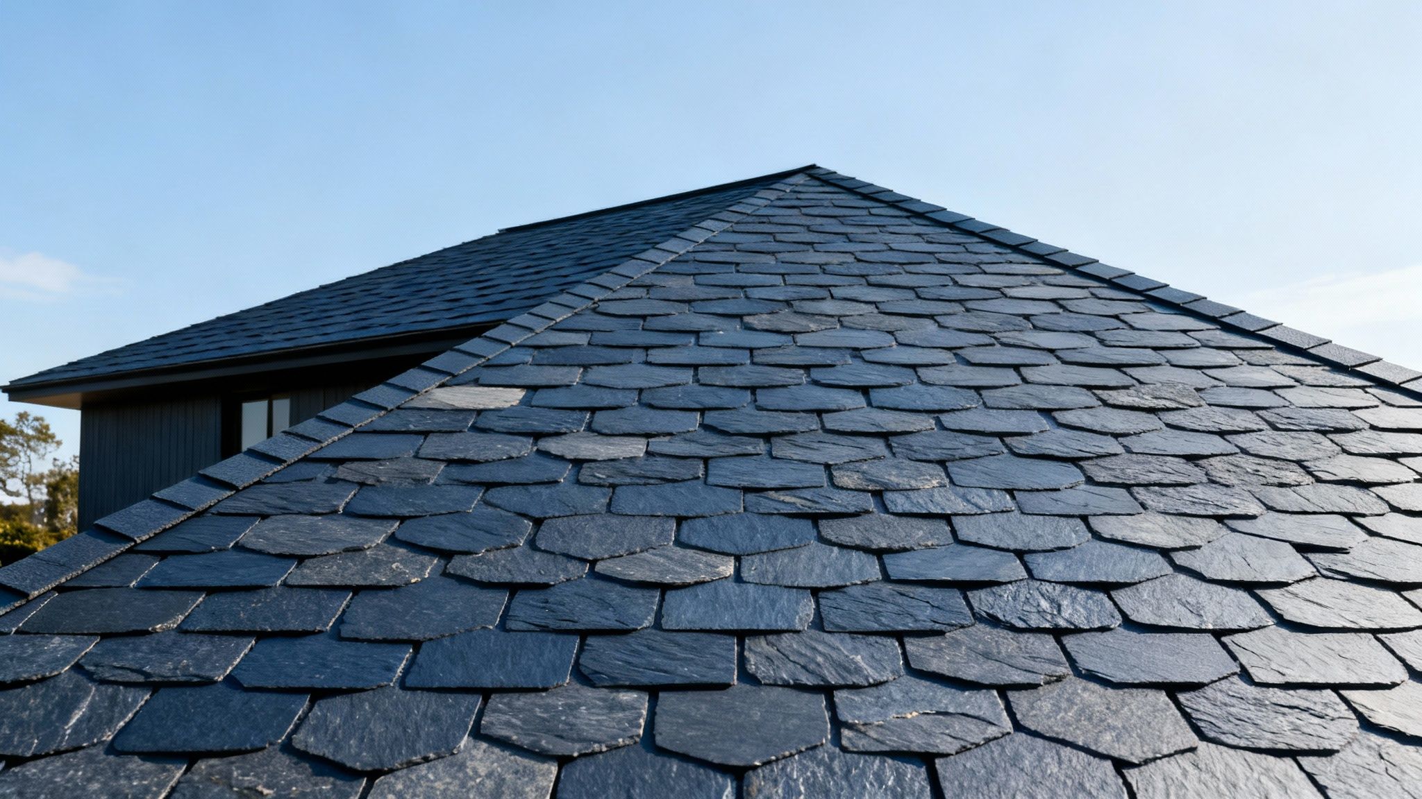 A beautiful home with a dark composite slate roof that perfectly mimics the look of natural stone.