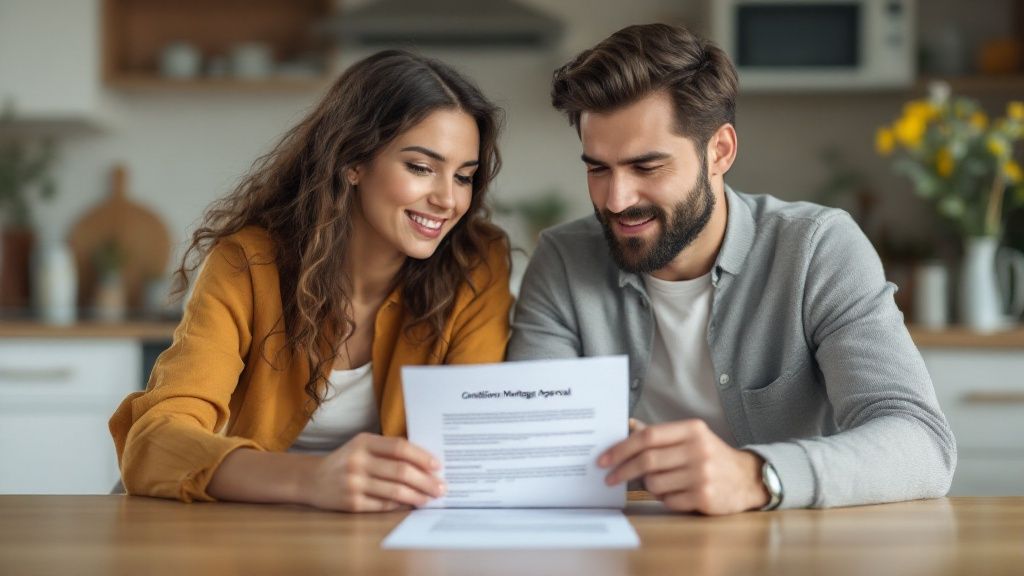 A happy couple reviewing mortgage documents together in a bright, modern living room.