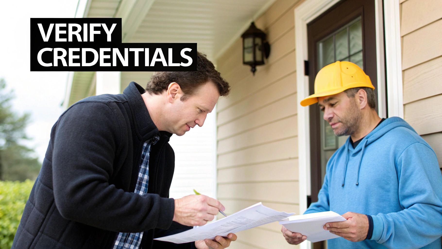A roofing contractor showing a client their a client their license and insurance documents on a clipboard.