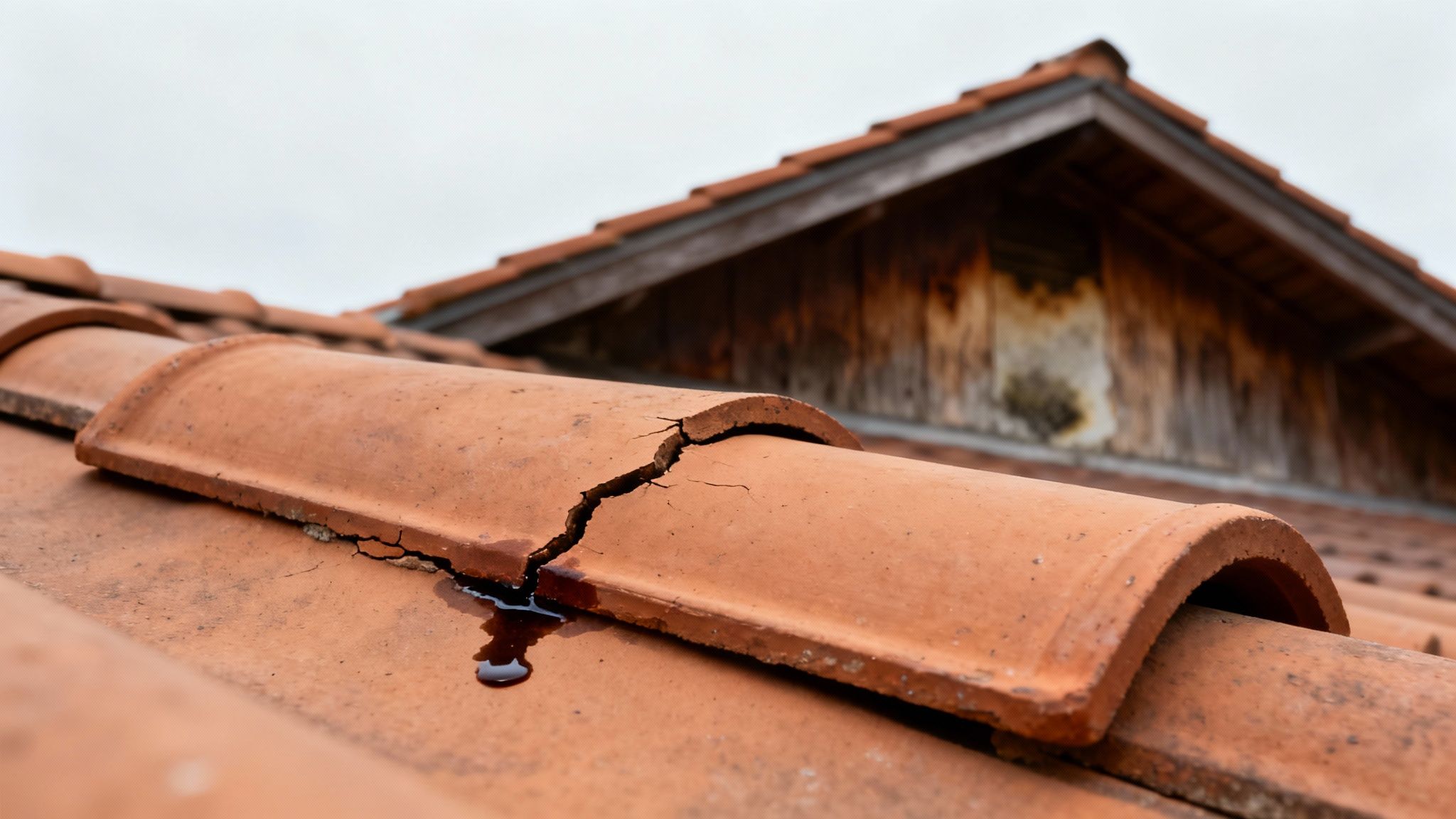 A close-up of a cracked terracotta roof tile under the Florida sun