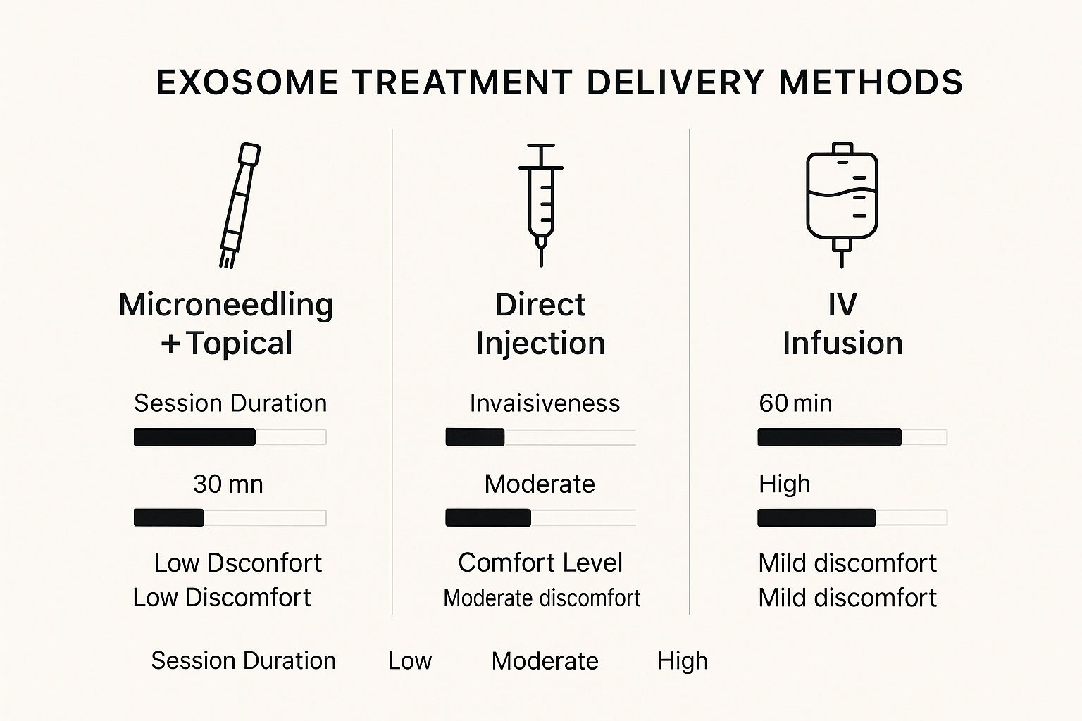 Infographic comparing exosome treatment delivery methods including Microneedling + Topical, Direct Injection, and IV Infusion based on session duration, invasiveness, and comfort level.
