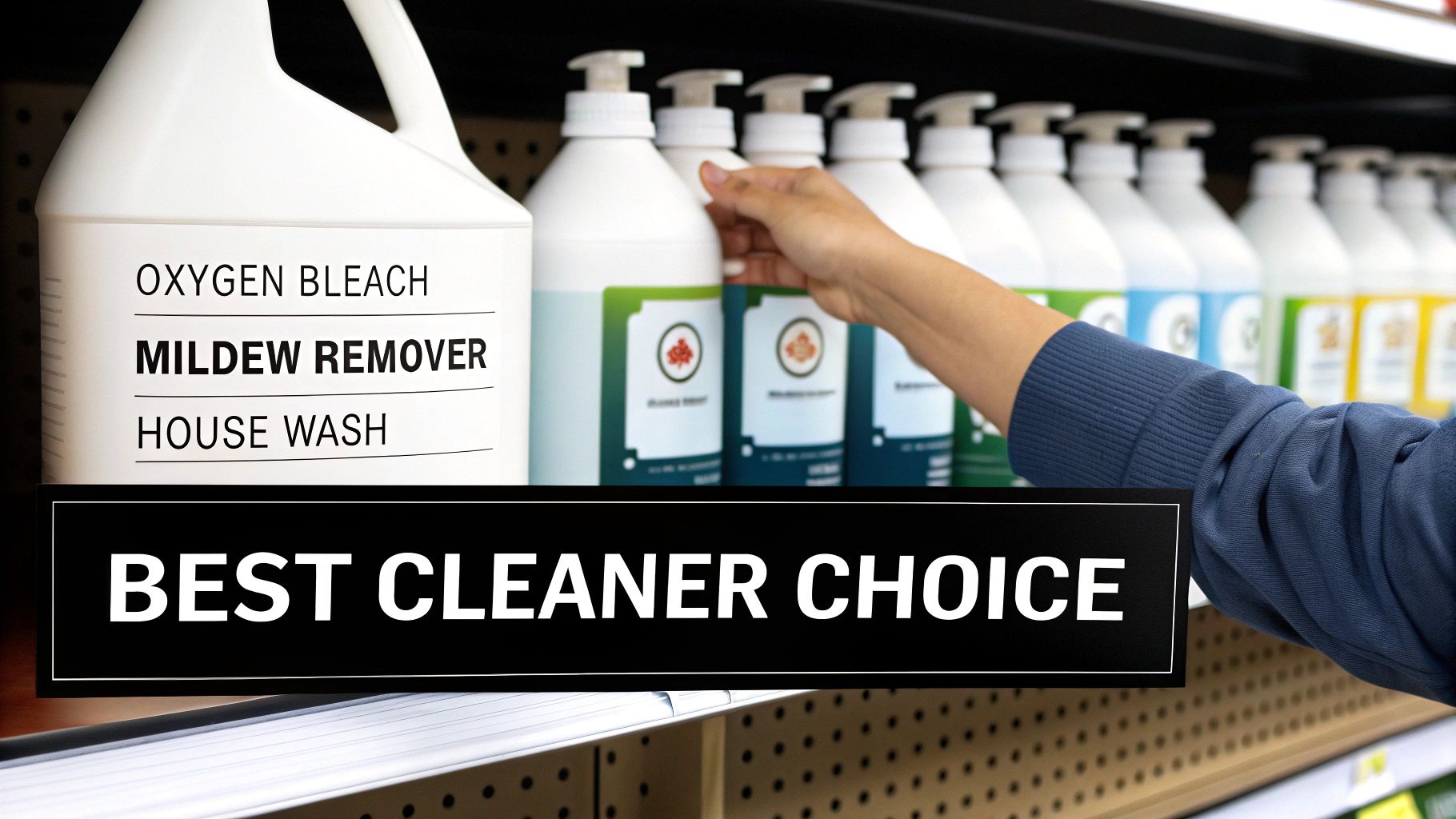A person choosing cleaning products from a store shelf.