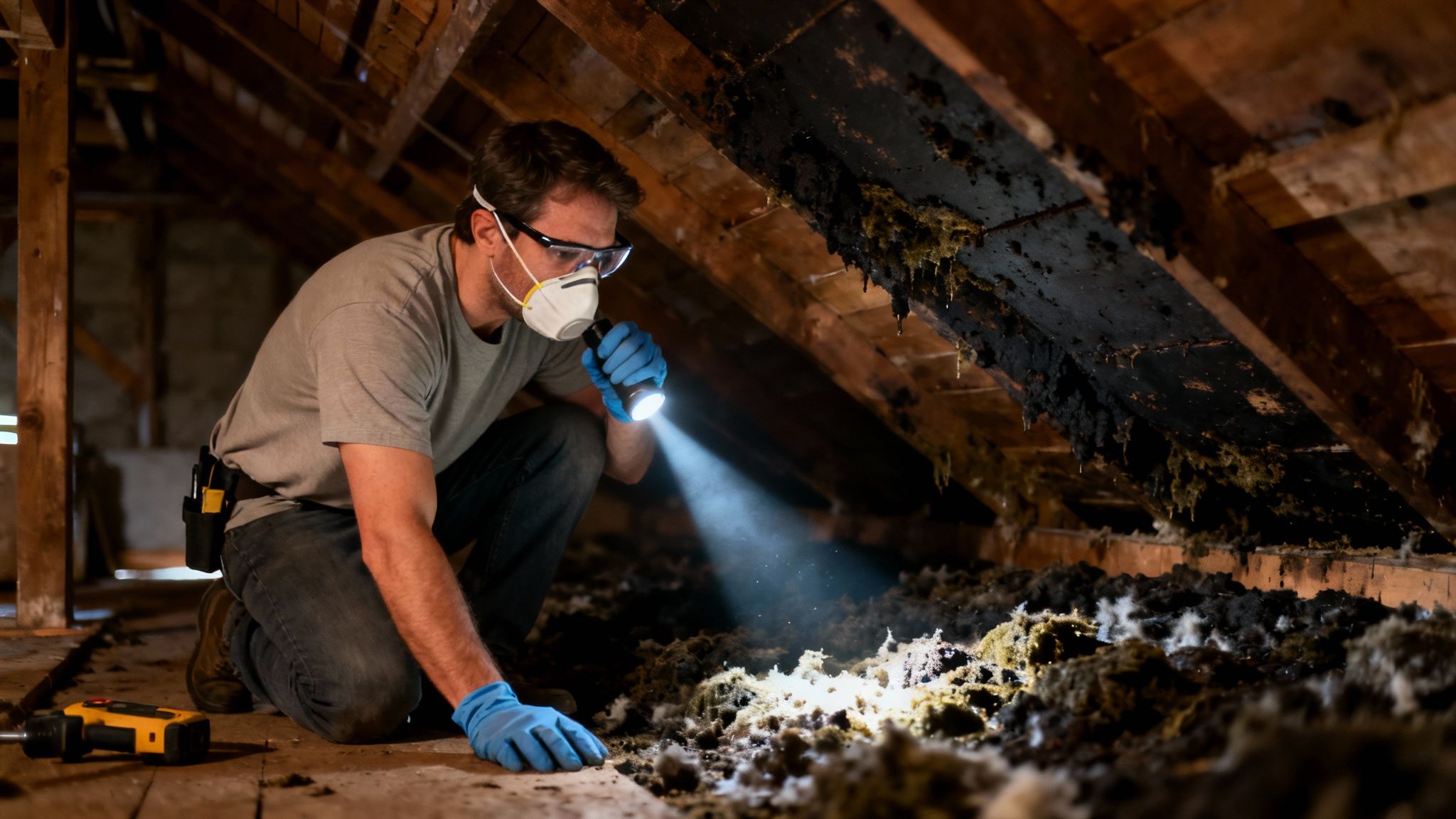 Professional inspector examining black mold growth on attic ceiling with flashlight and protective gear