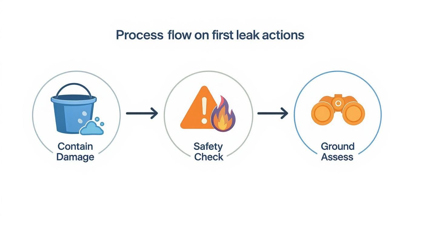 Three-step process flow diagram showing contain damage, safety check, and ground assess stages for first leak actions