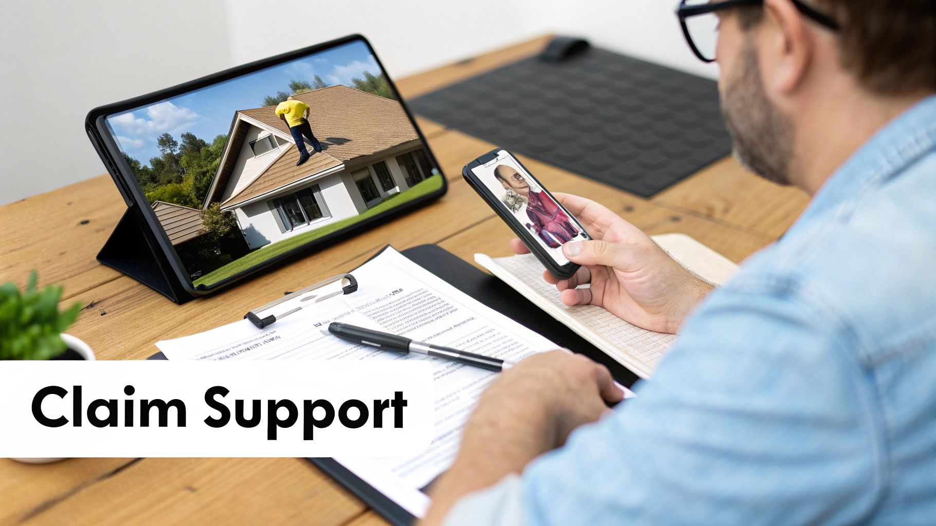 A person signing an insurance claim document on a clipboard, representing the process of dealing with homeowners insurance for roof damage.