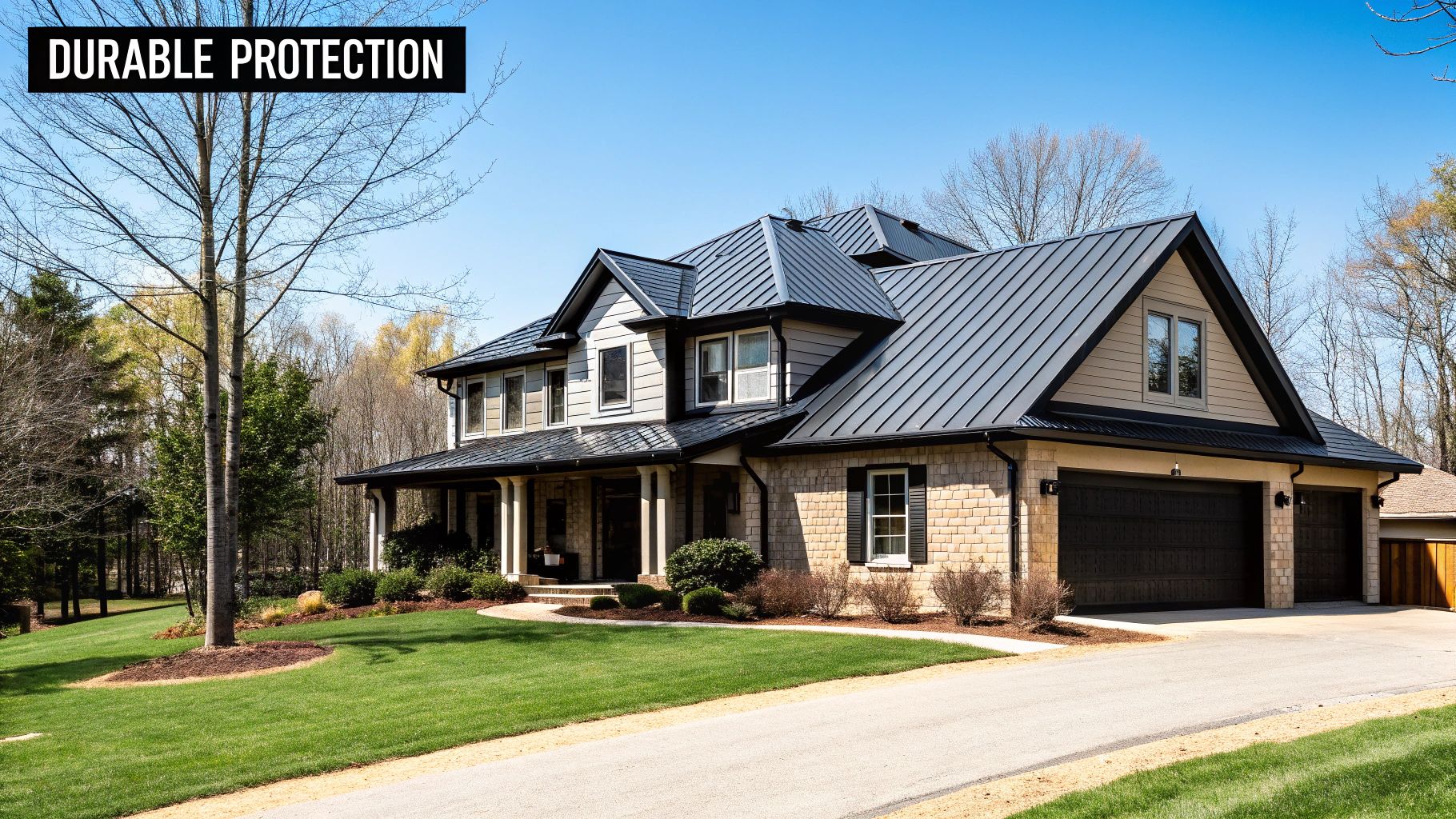 A modern home with a sleek metal roof under a clear blue sky