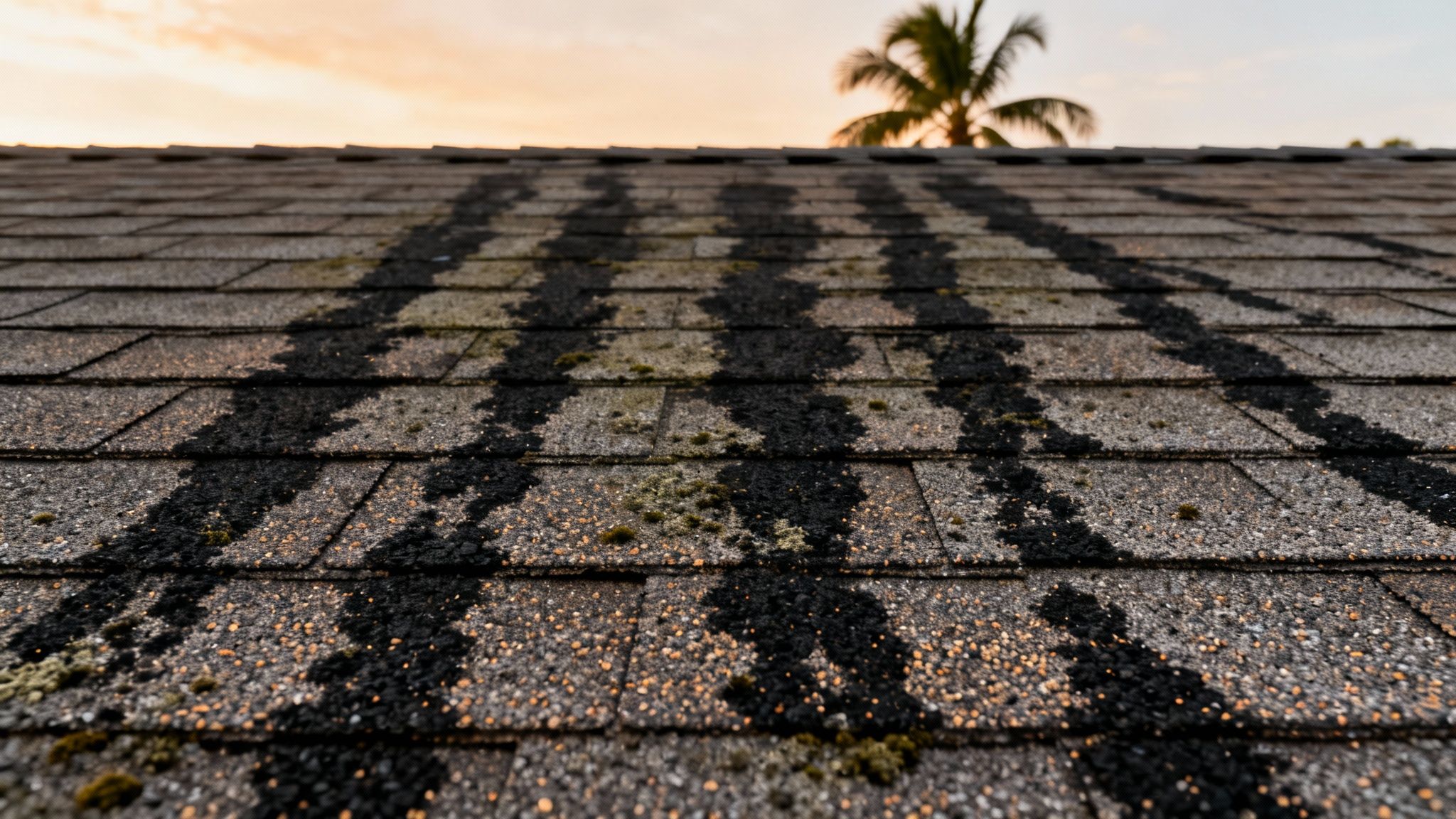 Black algae stains spreading across residential roof shingles