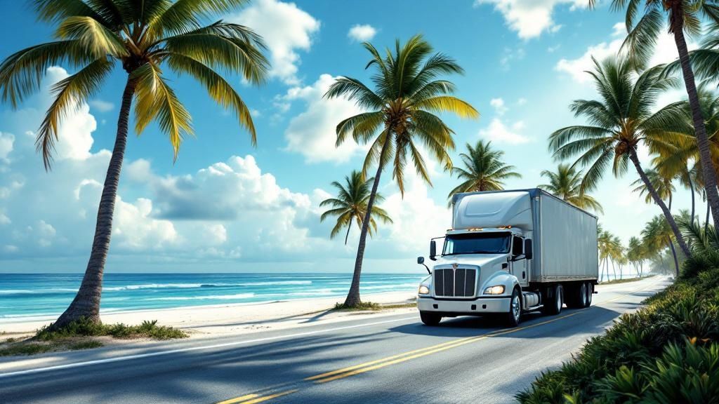 A moving truck on a highway with a sunset in the background, symbolizing a long-distance move.