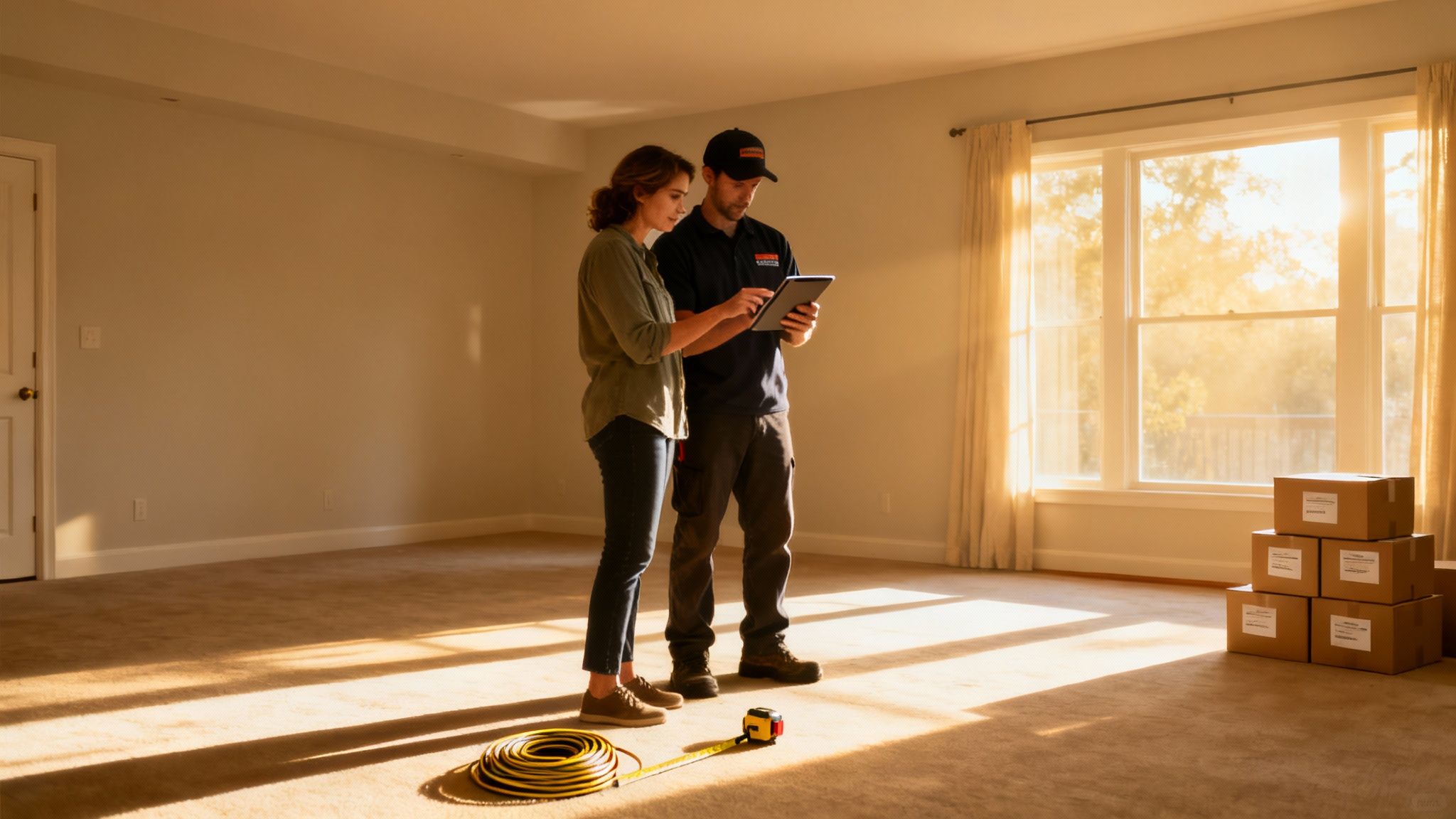 Person on a video call with a moving consultant, showing their living room for a virtual survey.