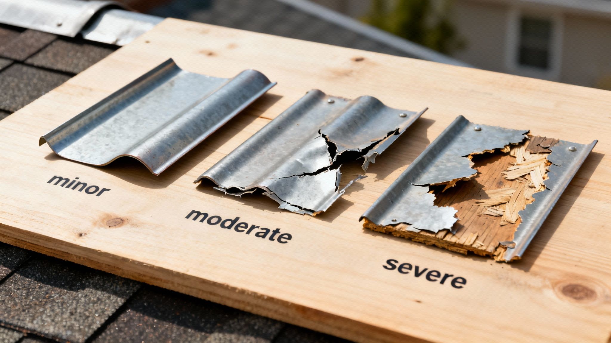 Three damaged metal roof flashings on a wooden board, illustrating minor bends, moderate cracks, and severe exposure.