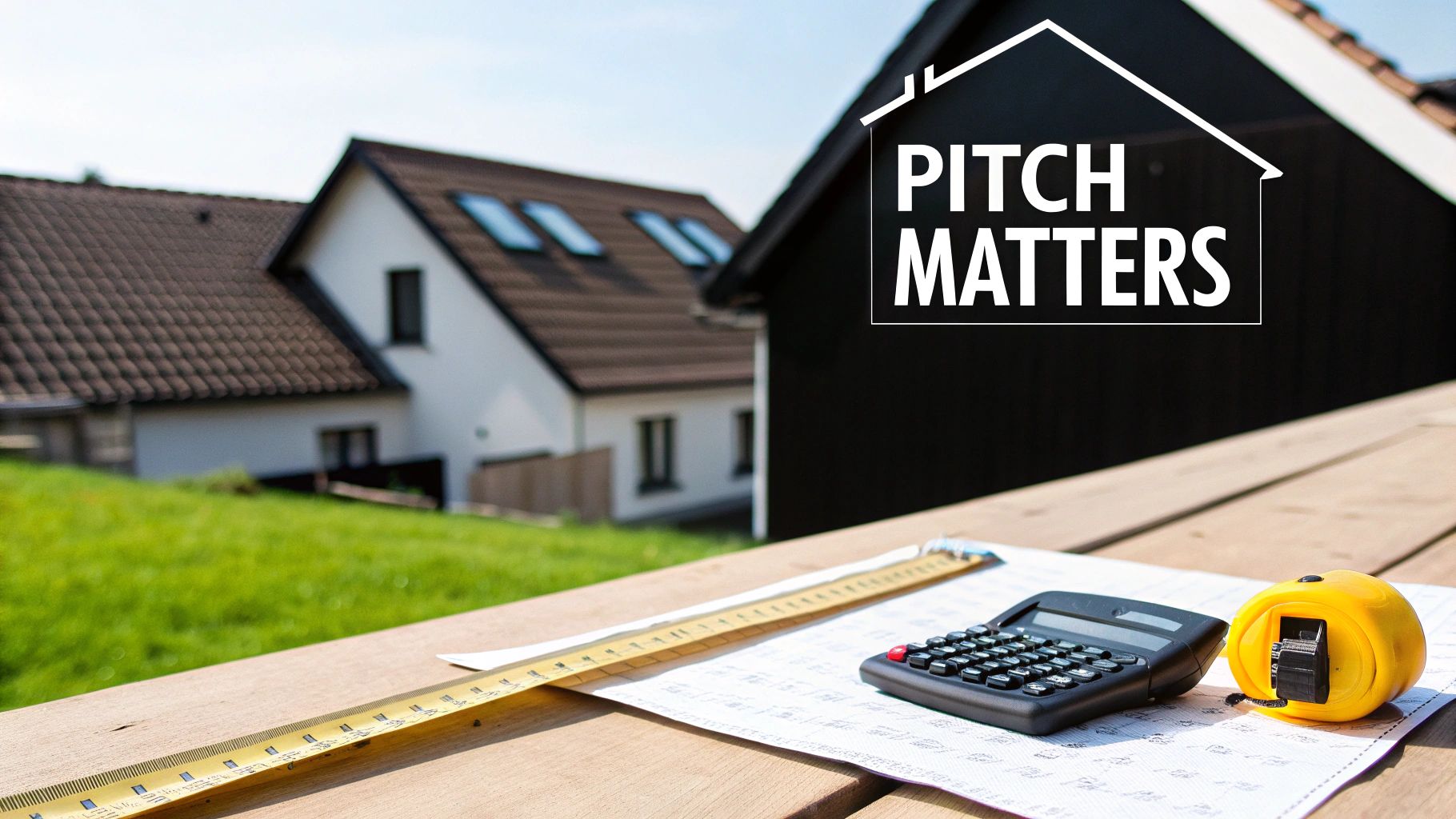 A modern house roof with a clear pitch under a blue sky, illustrating the concept of roof slope.