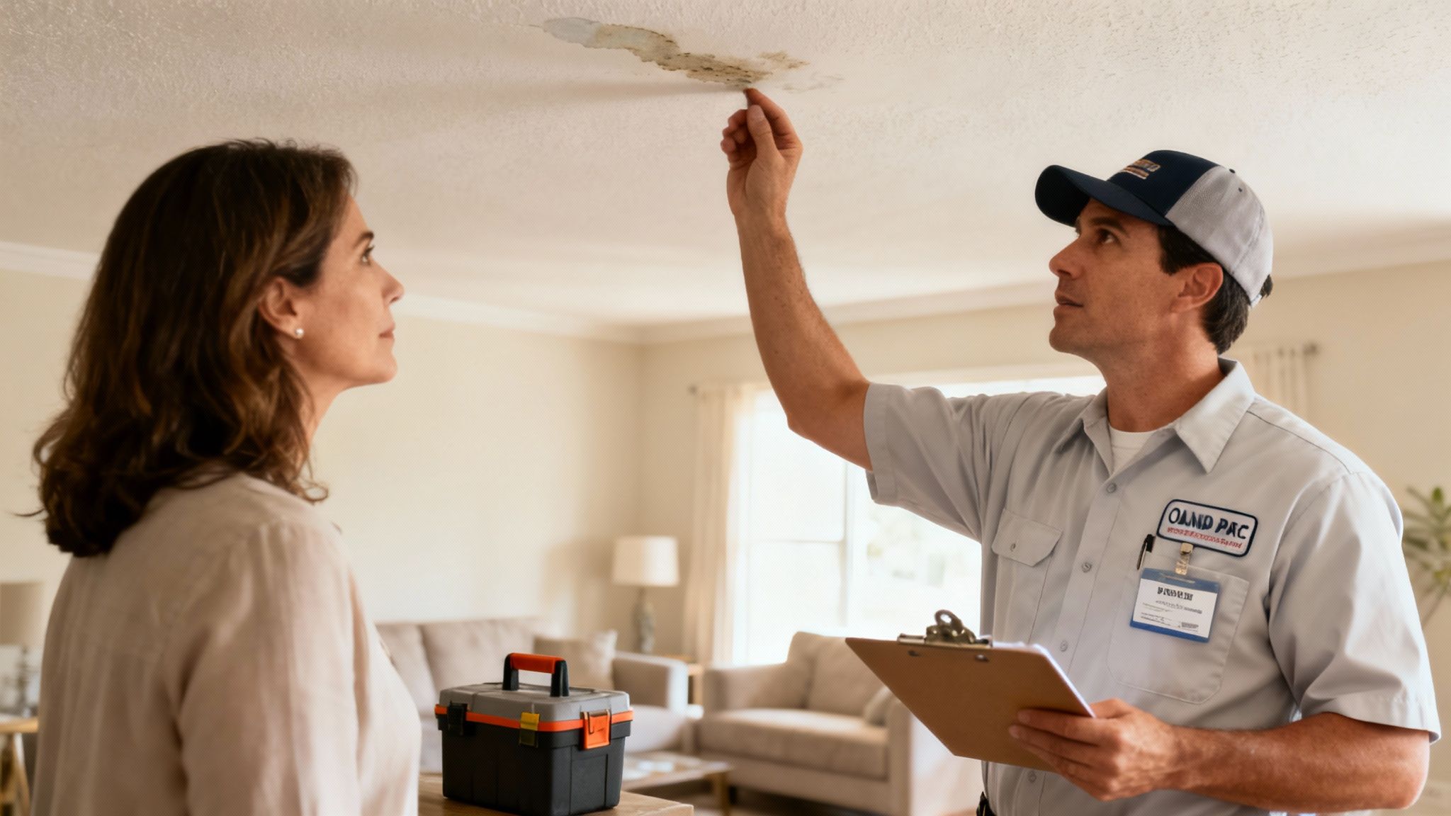 Professional inspector showing homeowner water damage stain on ceiling during home inspection