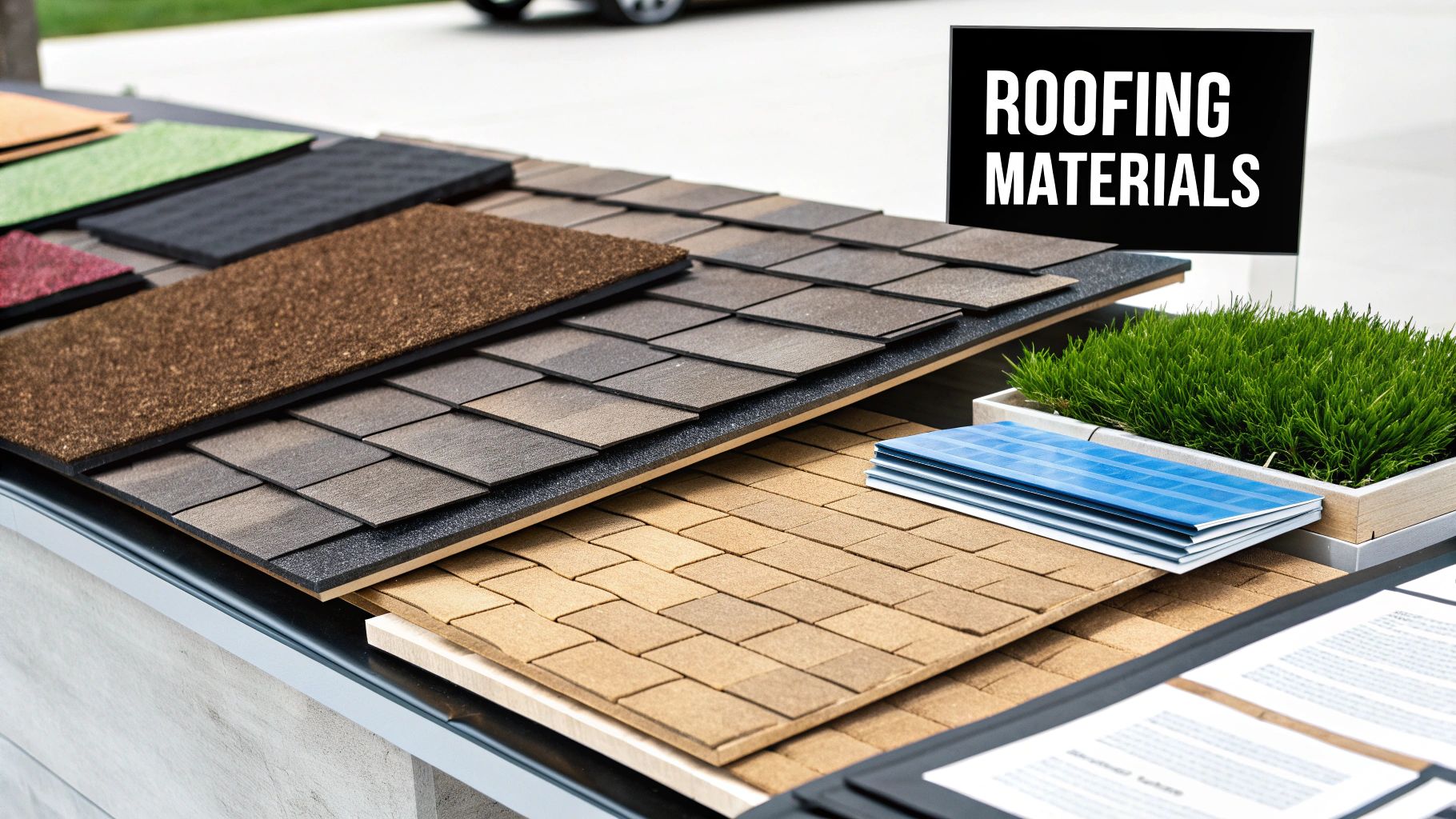 A professional roofer carefully inspecting a residential roof with tools in hand.