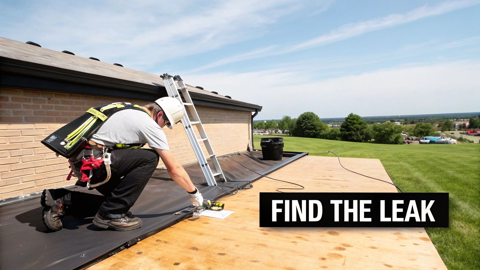 A person inspecting a flat roof for potential damage and leaks.