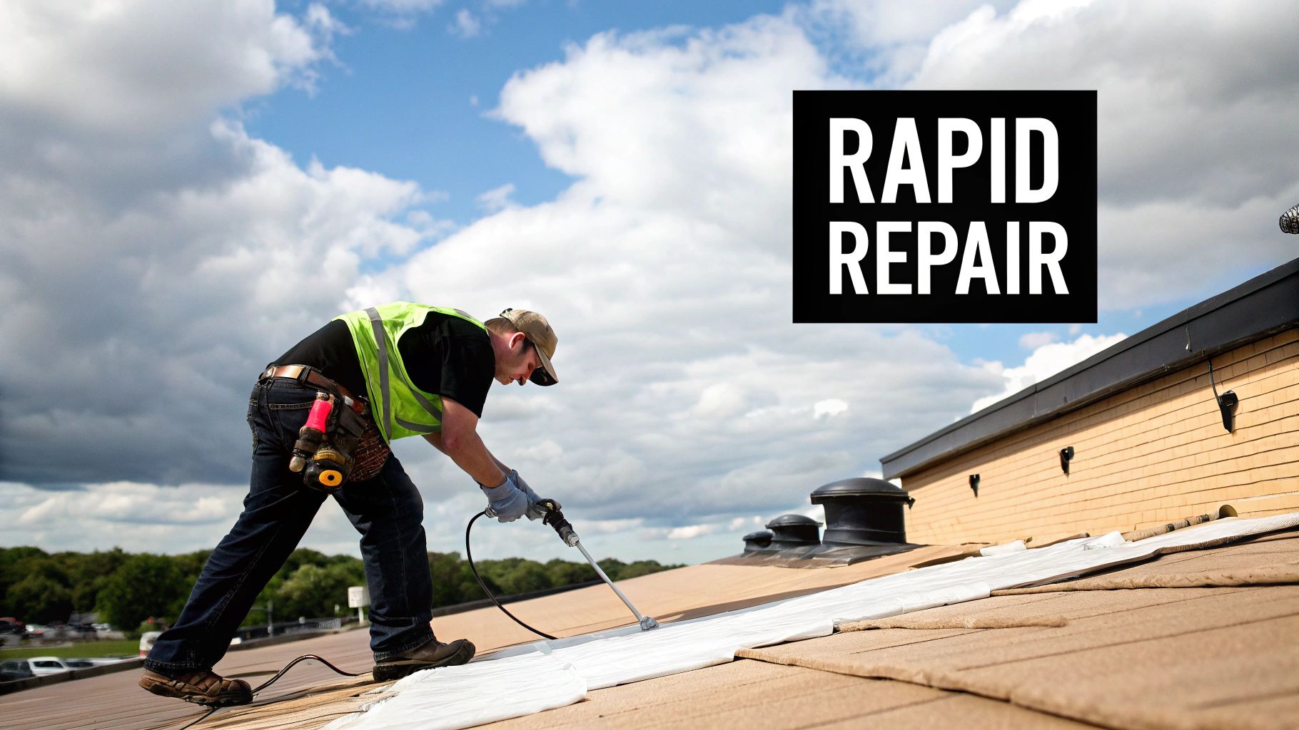 A commercial roof undergoing repair.