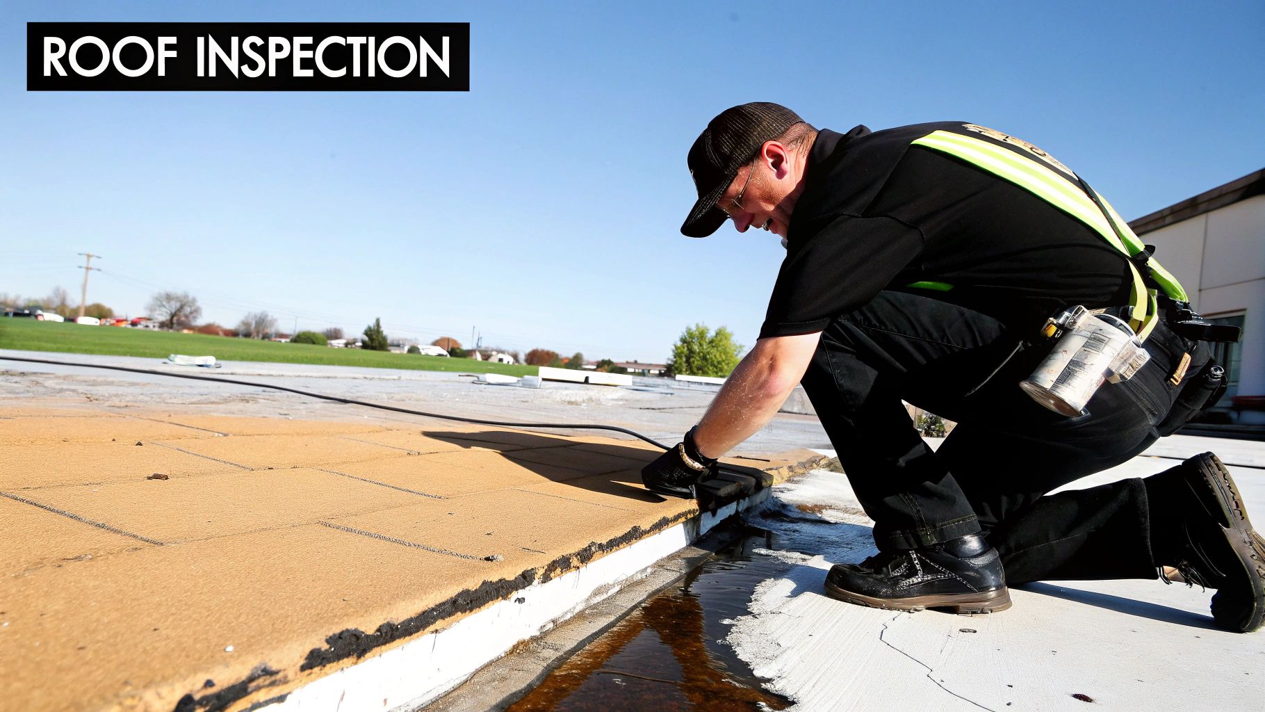 A worker kneels on a flat roof, inspecting the tan-colored roof membrane with a tool.