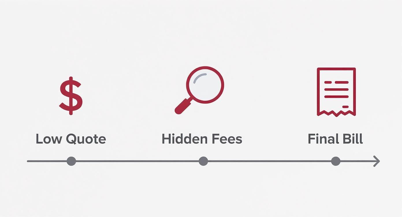 Infographic showing progression from low quote through hidden fees to final bill in moving costs