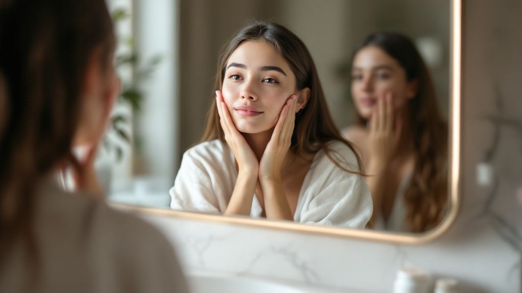 A collection of skincare products on a clean, modern bathroom counter