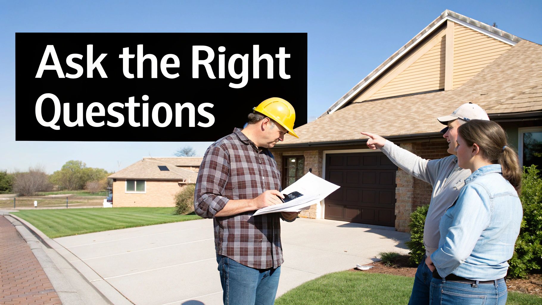 A roofer and a homeowner discussing plans on a tablet in front of a house.