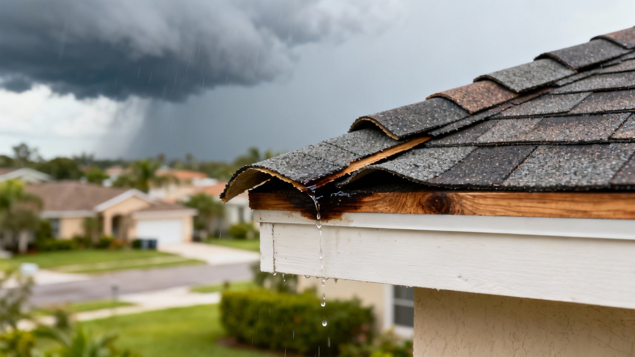 A house with a damaged roof showing curling shingles, emphasizing the potential for leaks and structural issues.
